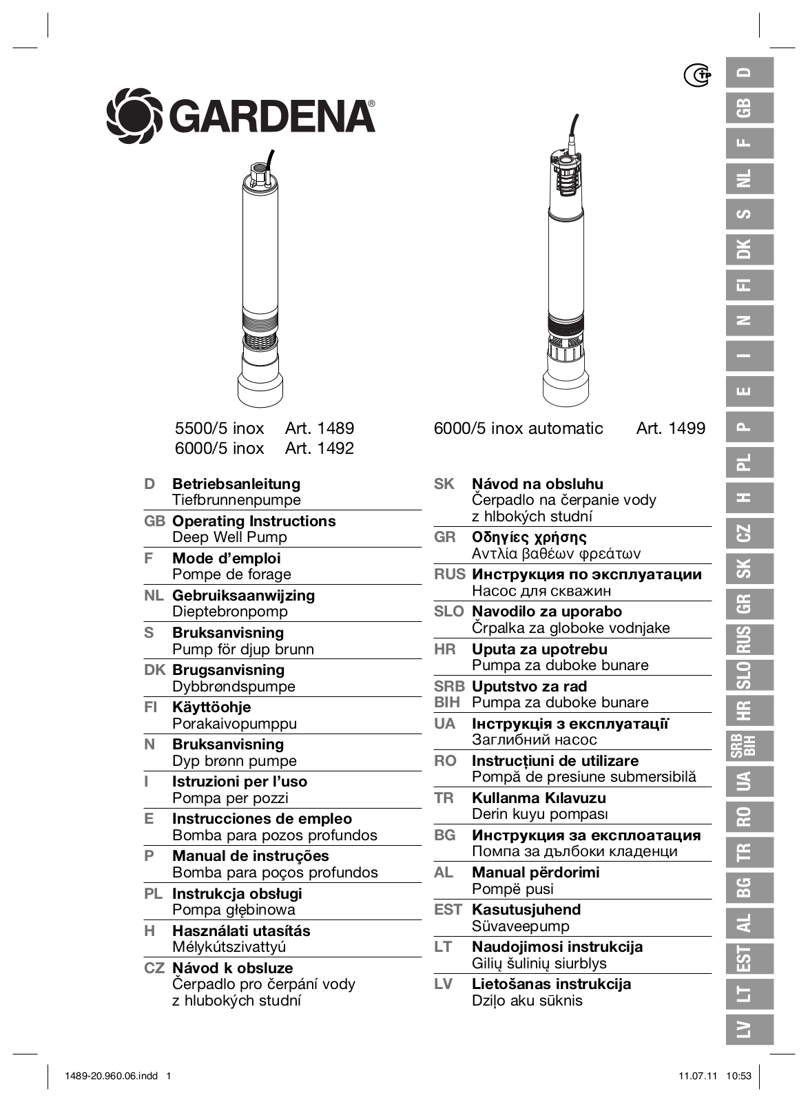 GARDENA 5500/5 inox, 1489, 6000/5 inox automatic, 1499, 6000/5 inox User guide