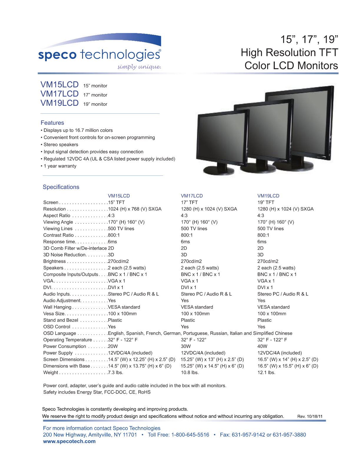 Speco VM15LCD, VM17LCD, VM19LCD Specsheet