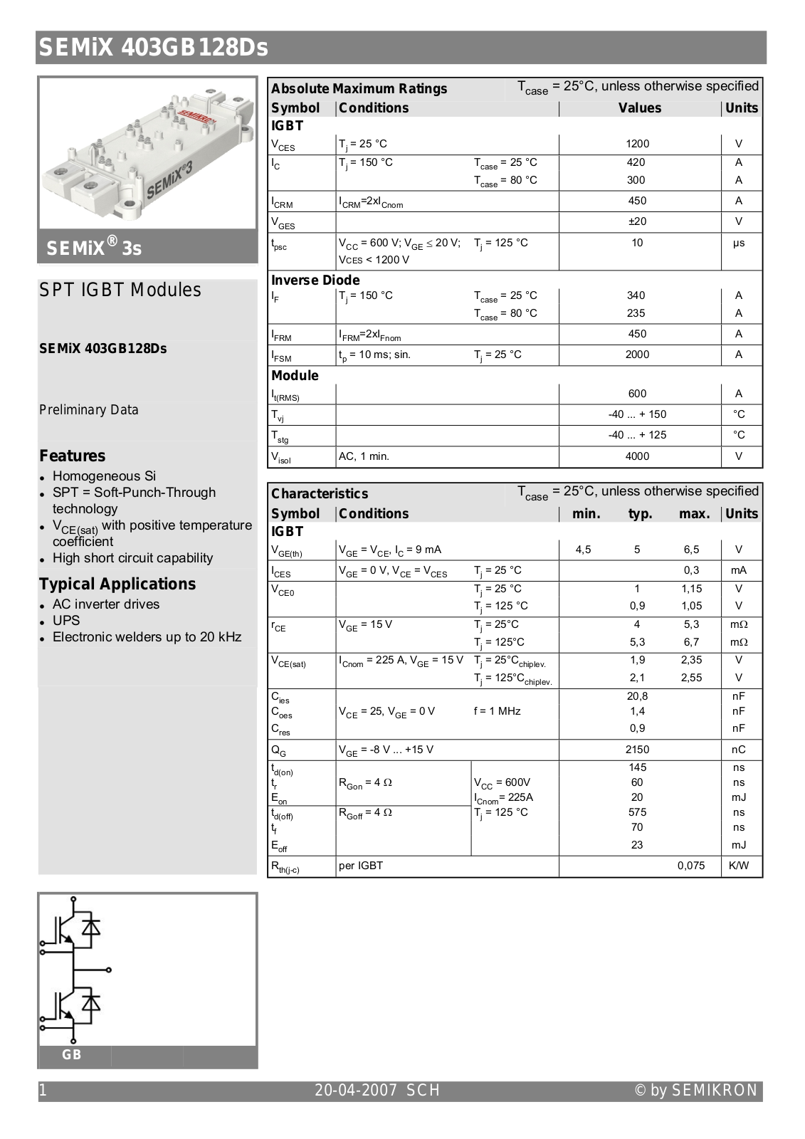 Semikron SEMIX403GB128DS Data Sheet