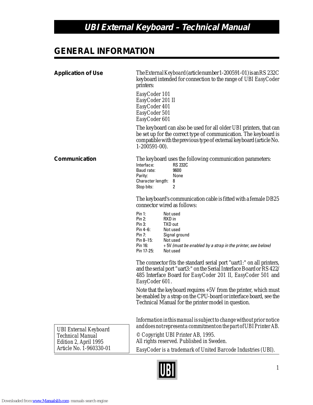 UBI EasyCoder 101, EasyCoder 201II, EasyCoder 401, EasyCoder 601, 1-200591-01 Technical Manual - ManualMachine.com