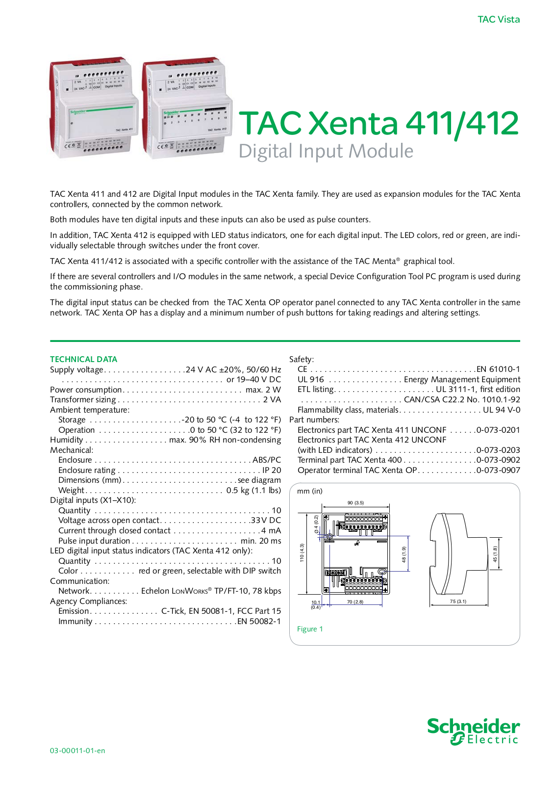 Schneider Electric TAC Xenta 411, TAC Xenta 412 Data Sheet