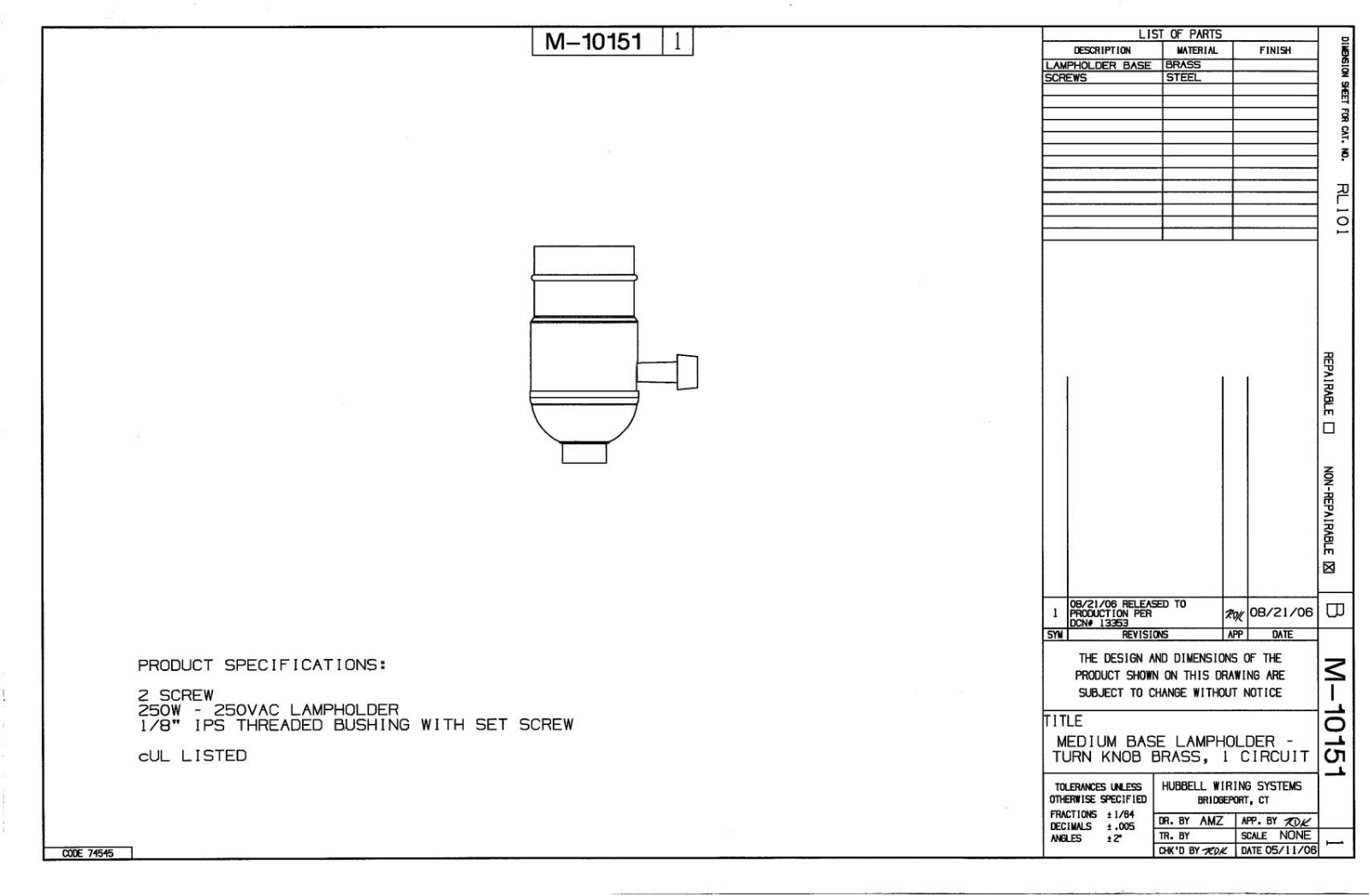 Hubbell RL101 Reference Drawing