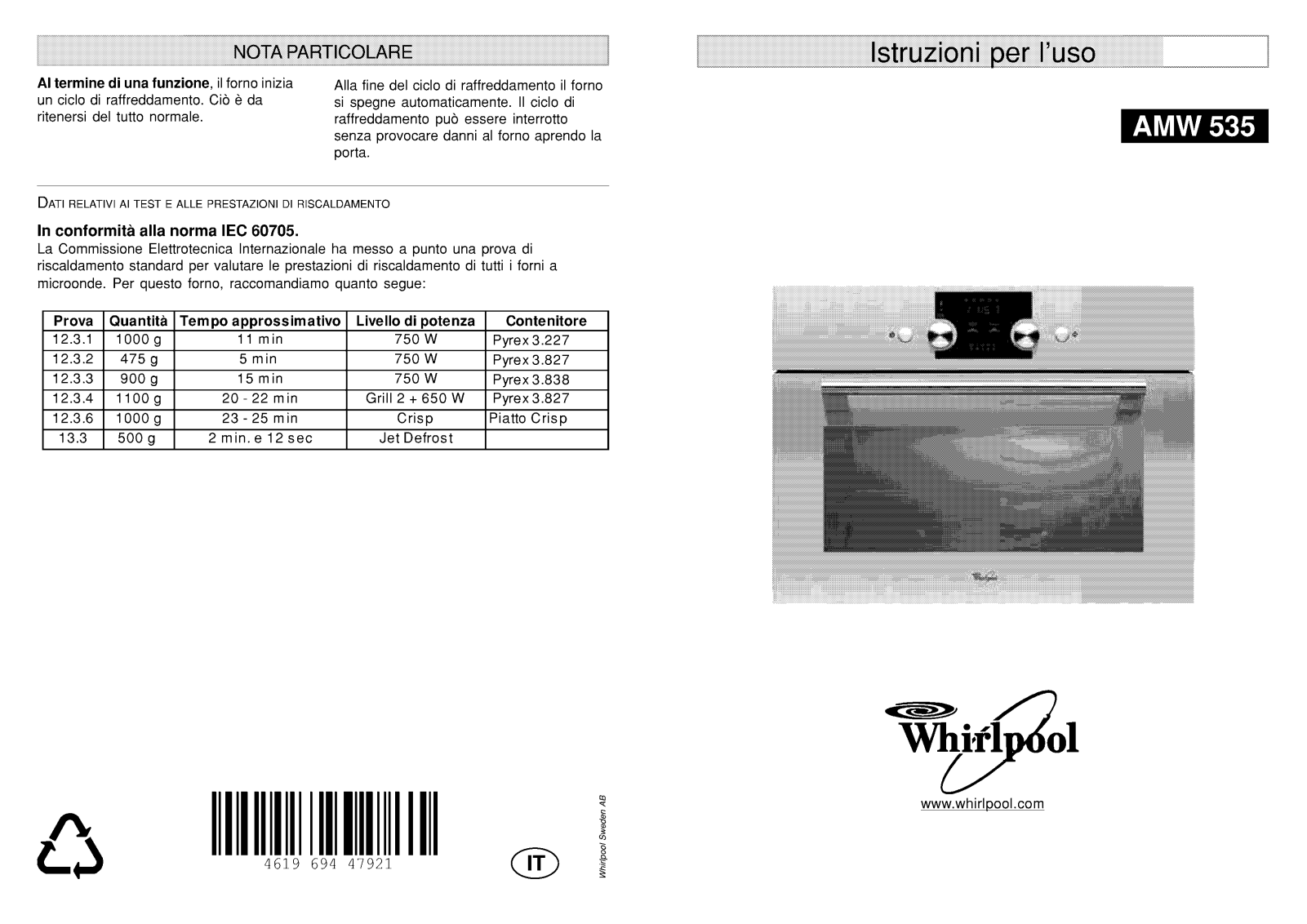 Whirlpool AMW 535 INSTRUCTION FOR USE