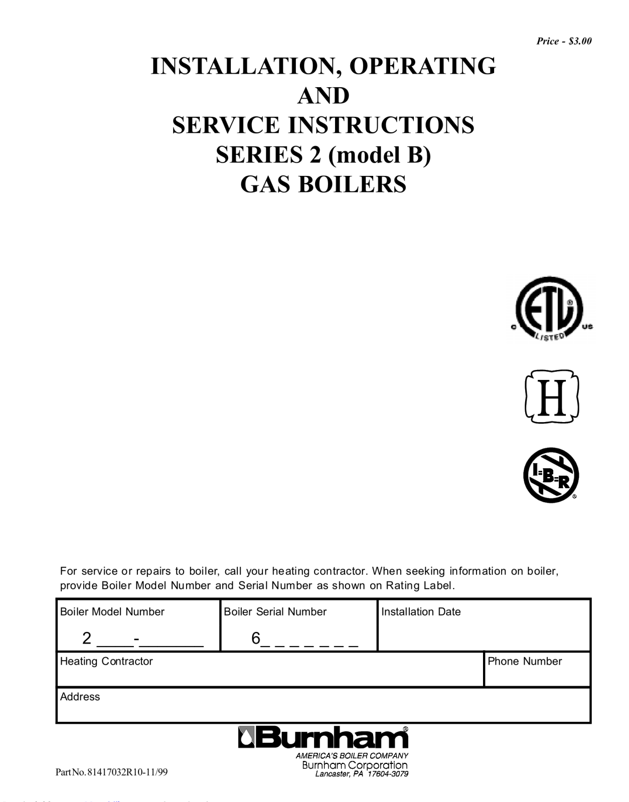 Burnham GAS BOILERS 2 Service instructions manual