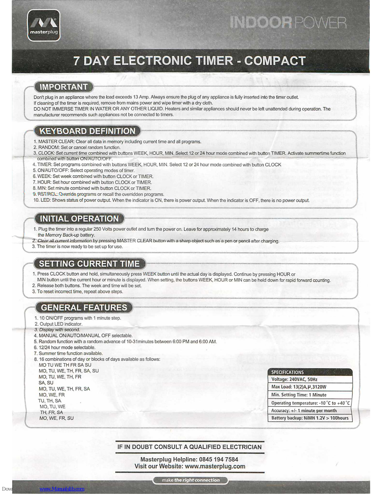 Masterplug 7 Day Electronic Timer - Compact User Manual - ManualMachine.com