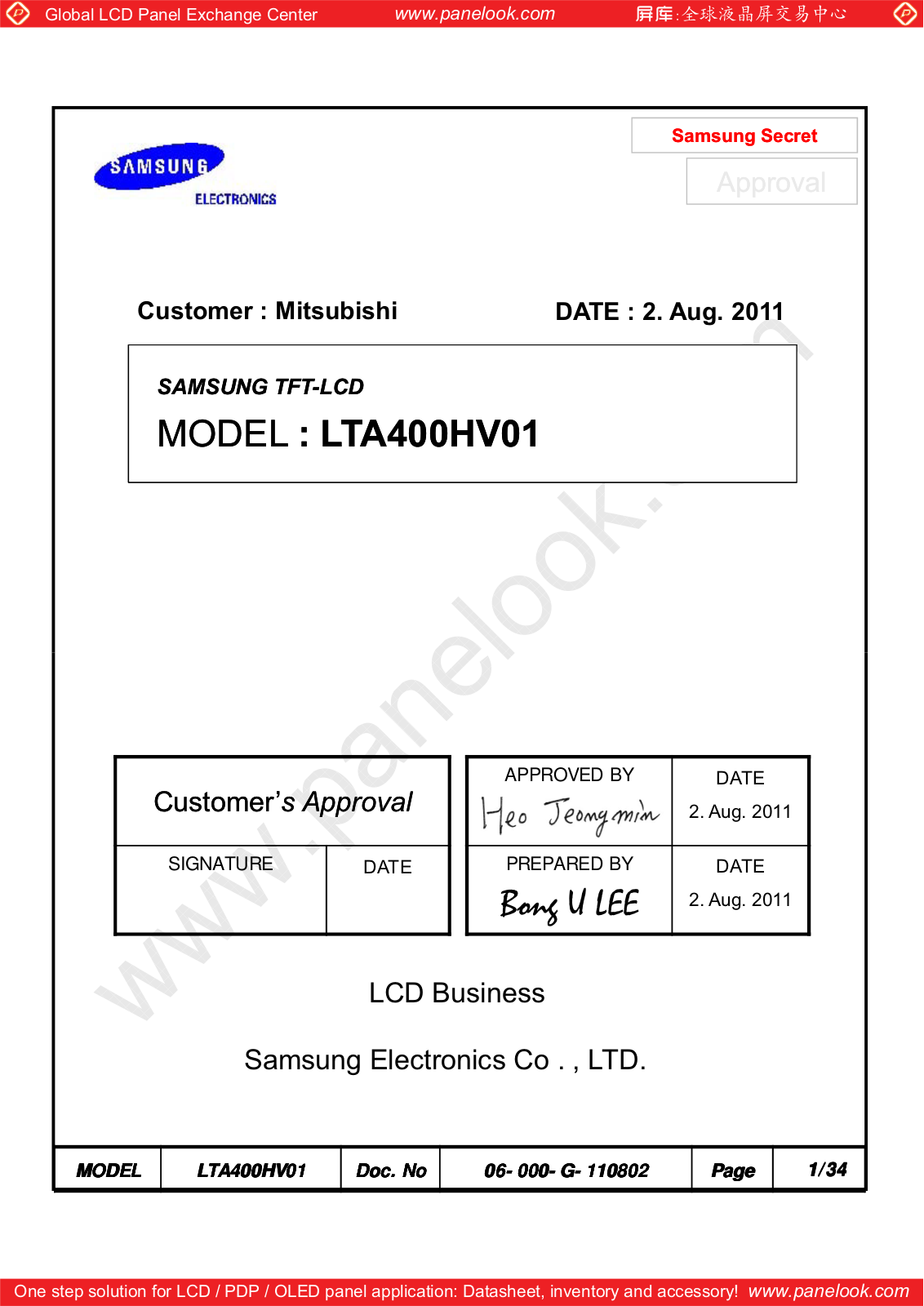 SAMSUNG LTA400HV01 Specification