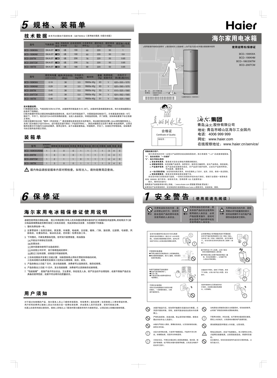 Haier BCD-190KWA, BCD-190KHM, BCD-186TM, BCD-206TM, BCD-206TCM User Manual