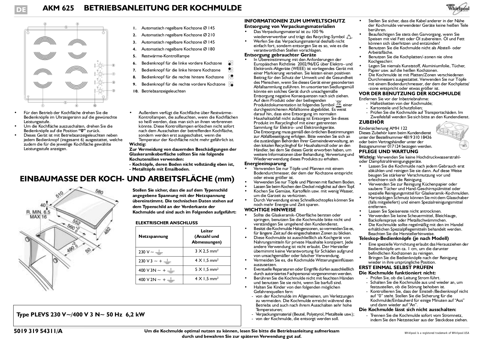 Whirlpool AKM 625/WH, AKM 625/IX PROGRAM CHART