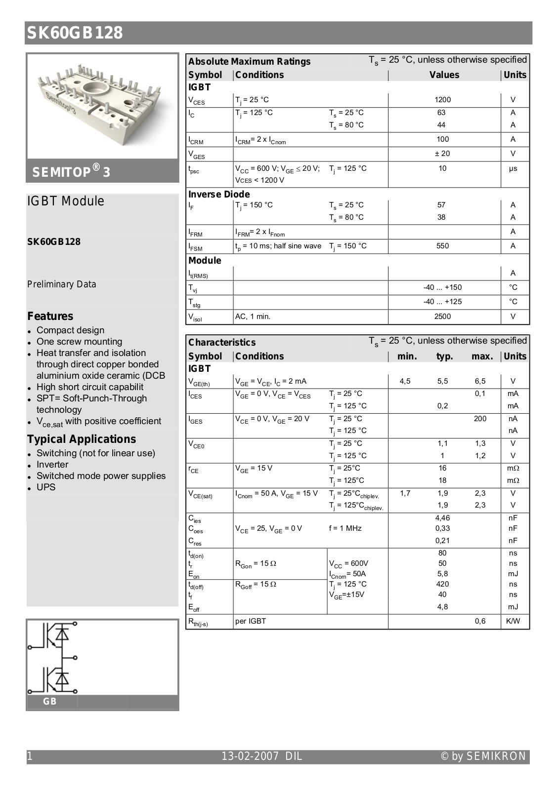 Semikron SK60GB128 Data Sheet