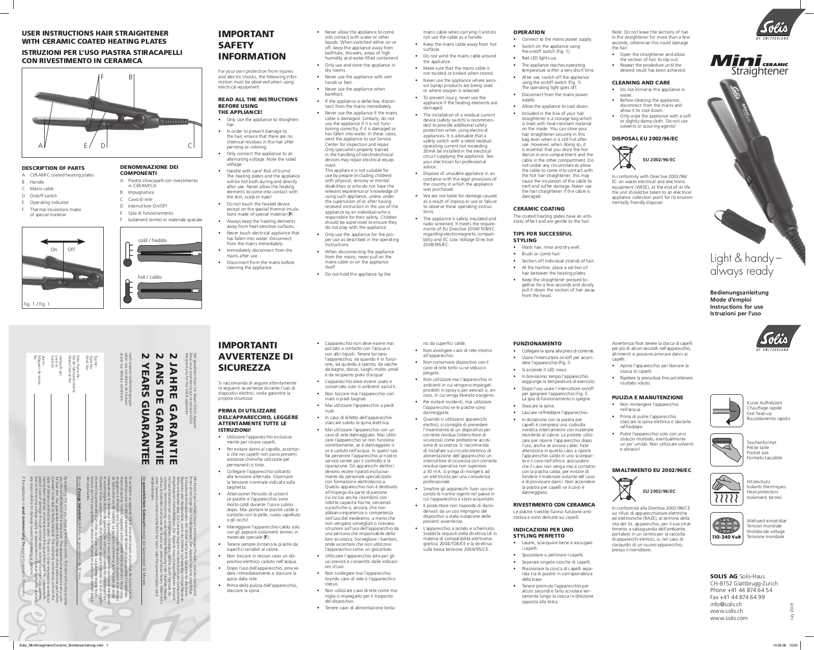 SOLIS Mini Straightener Ceramic User Manual