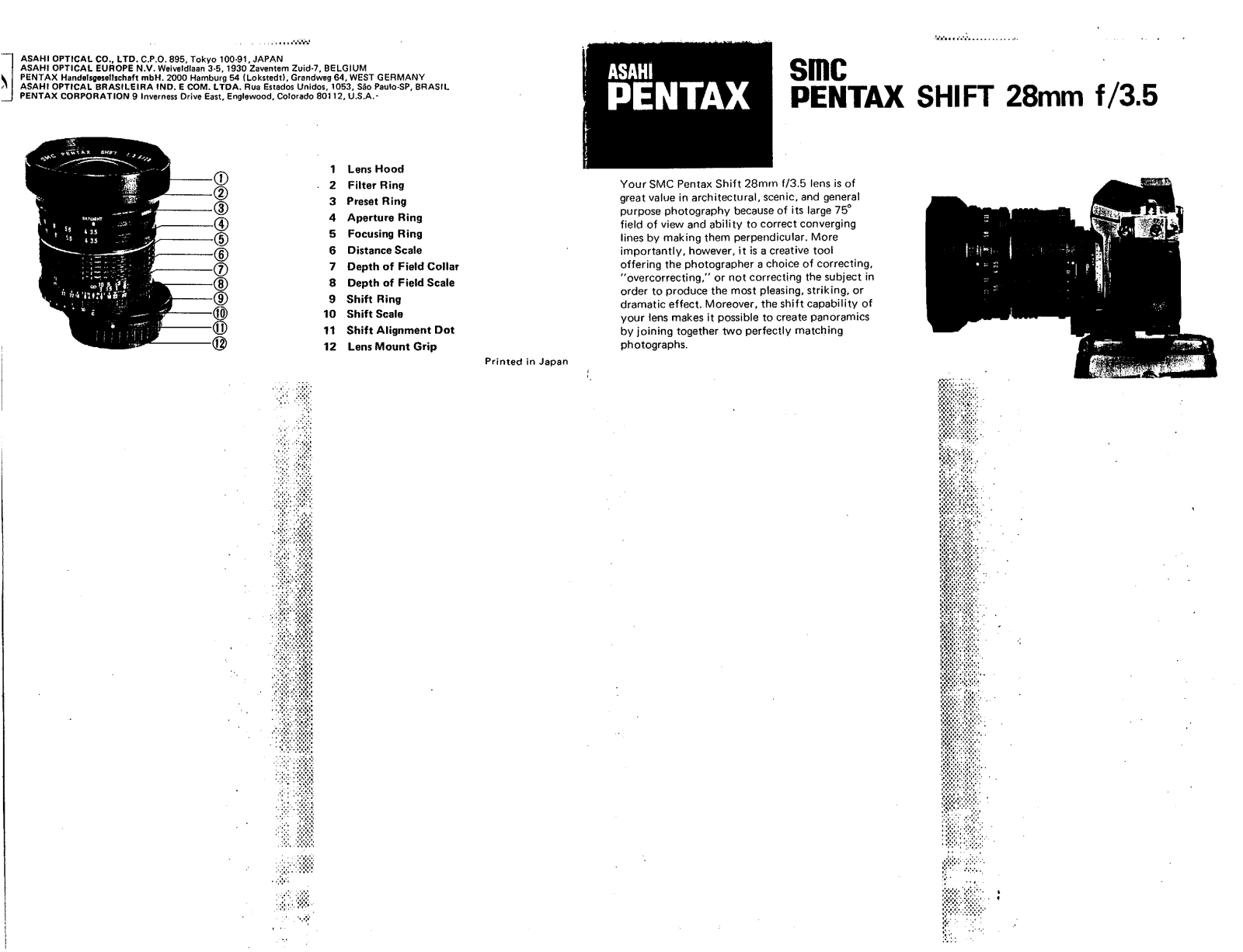 Pentax SMC SHIFT 28MM F/3.5 OPERATING MANUAL