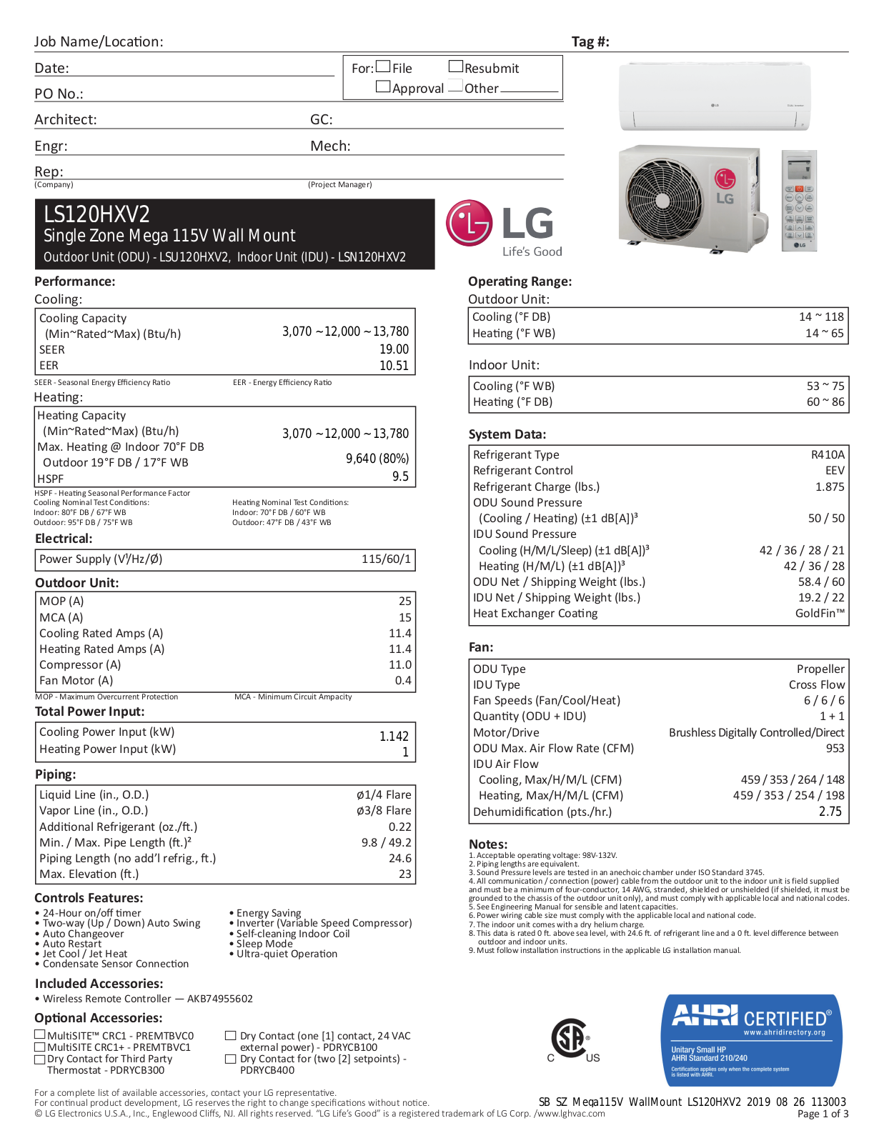 LG LSN120HXV2 Submittal Sheet