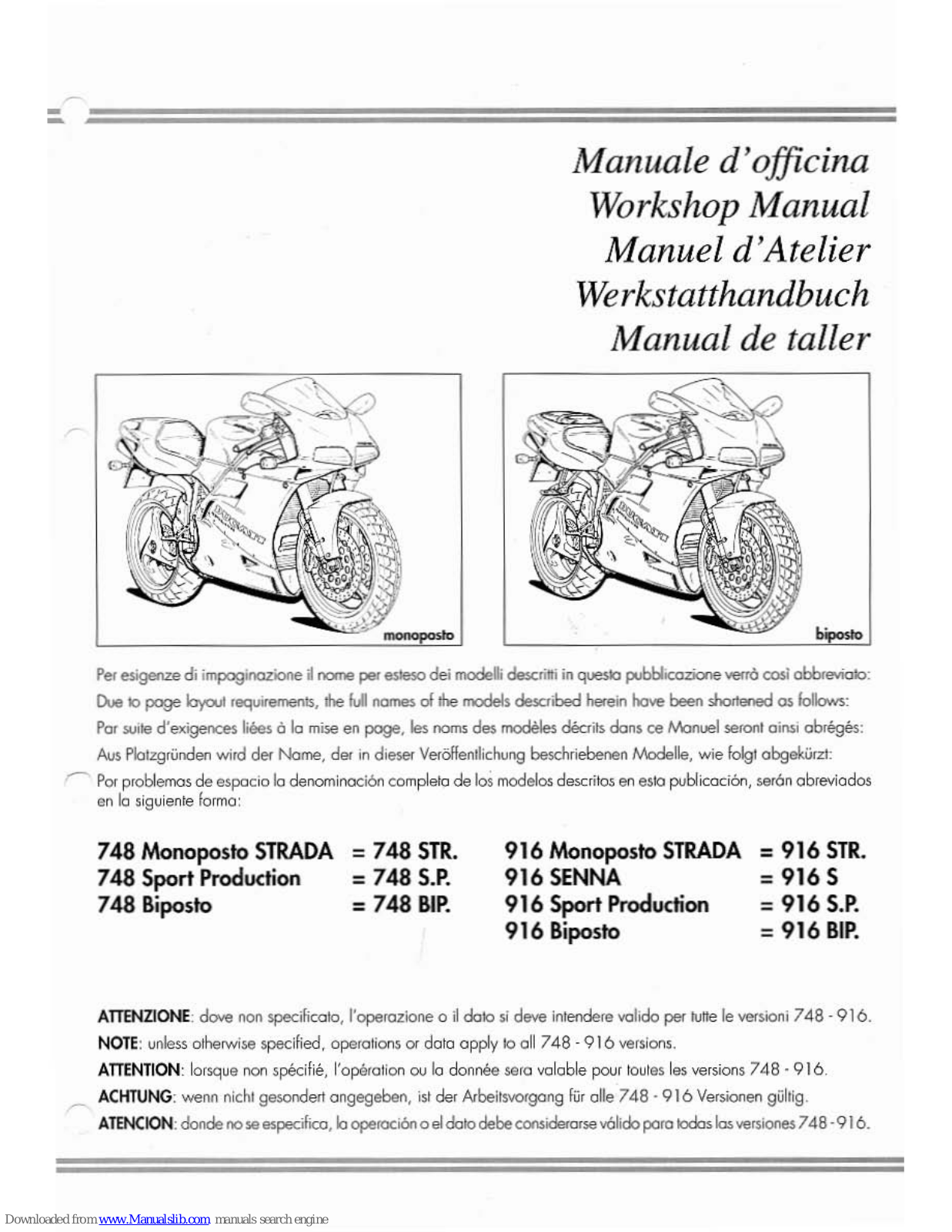 Ducati 748 monoposto strada, 748 sport production, 748 biposto, 916 biposto, 916 sport production Workshop Manual