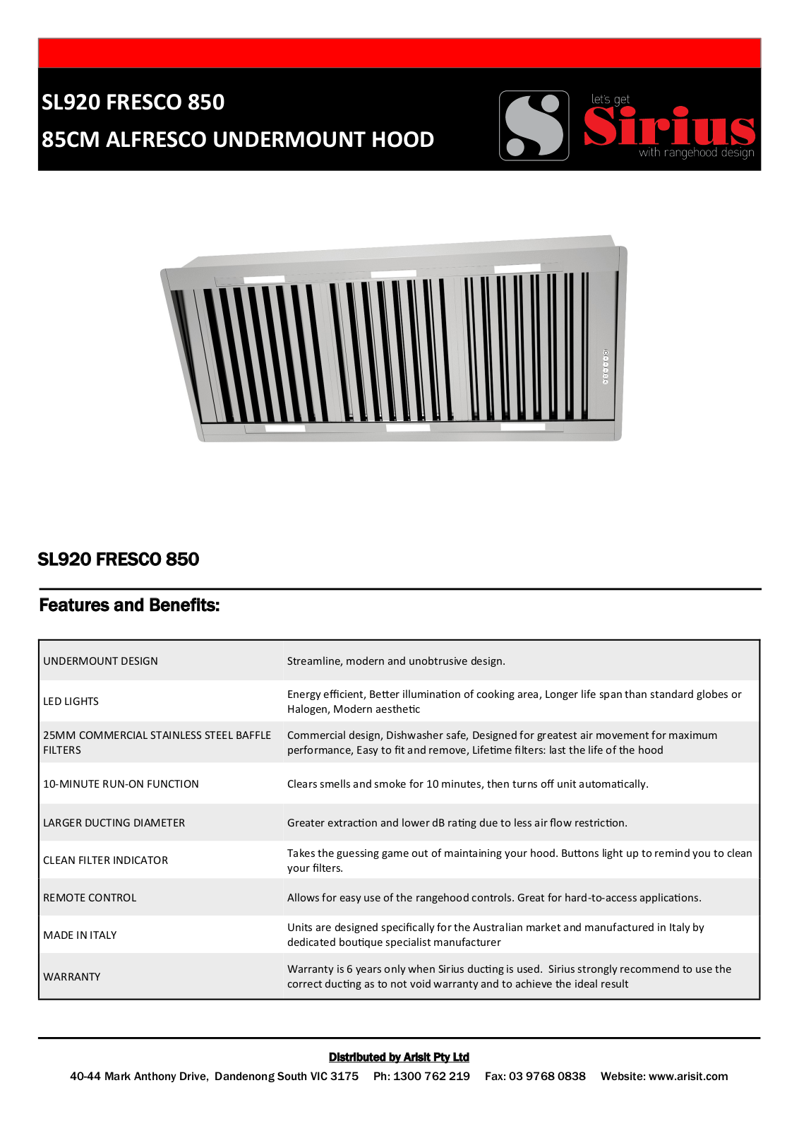 Sirius SL920FRESCO850P, SL920FRESCO850 Specifications Sheet