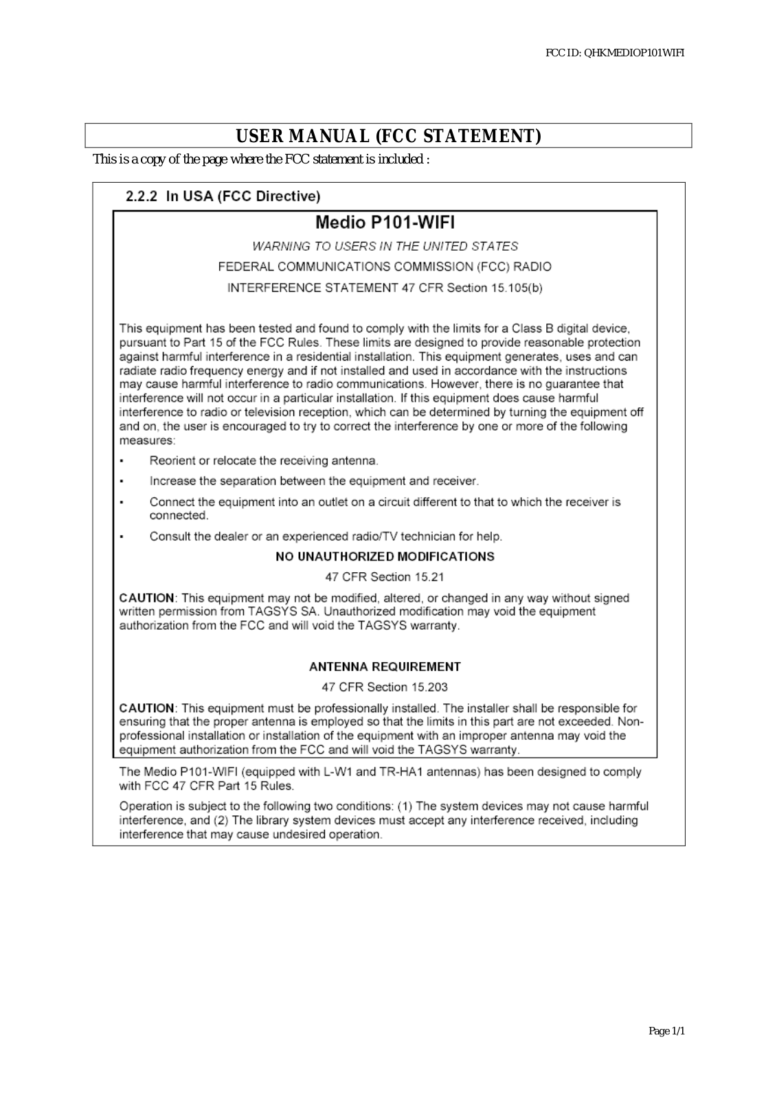 Tagsys MEDIOP101WIFI FCC Statement