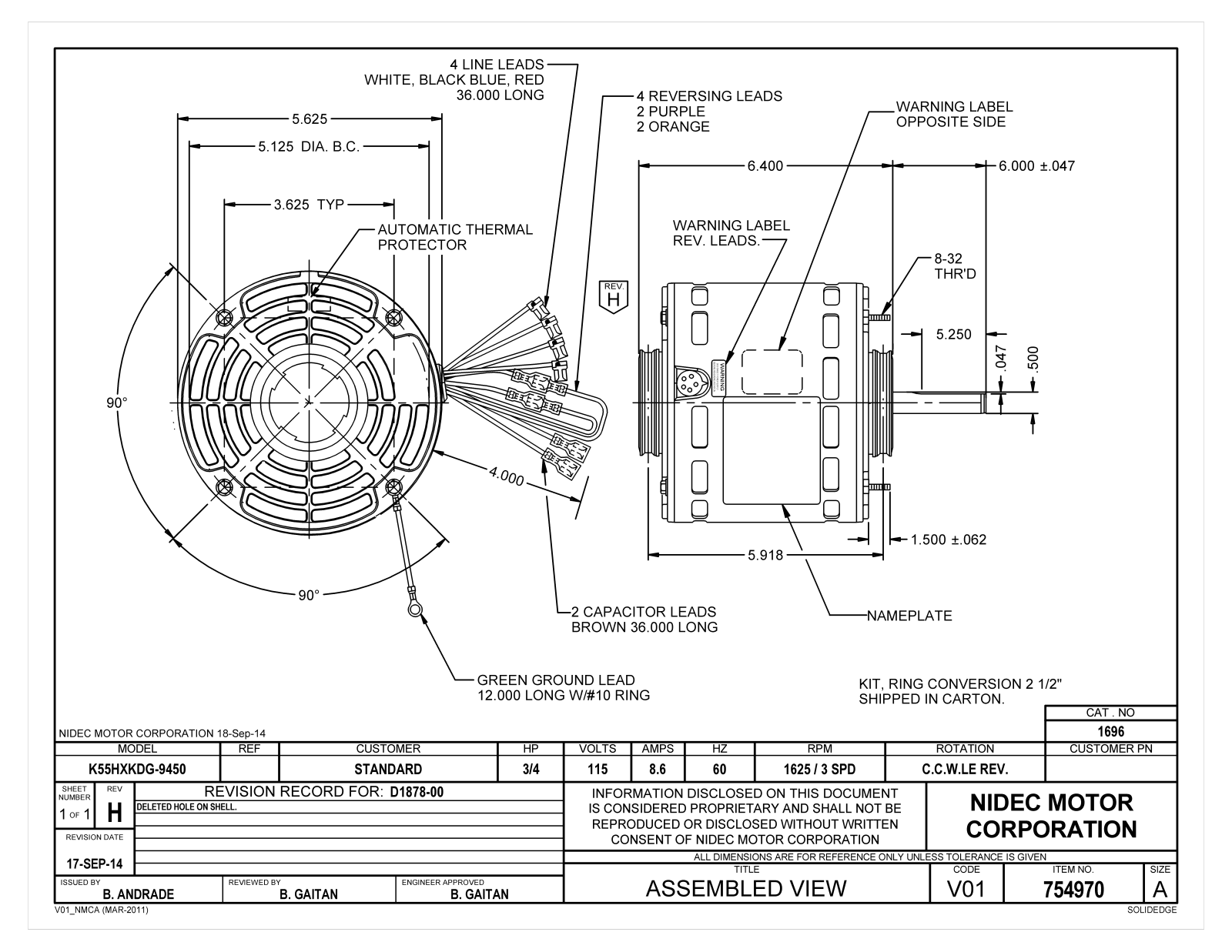 US Motors 1696 Dimensional Sheet