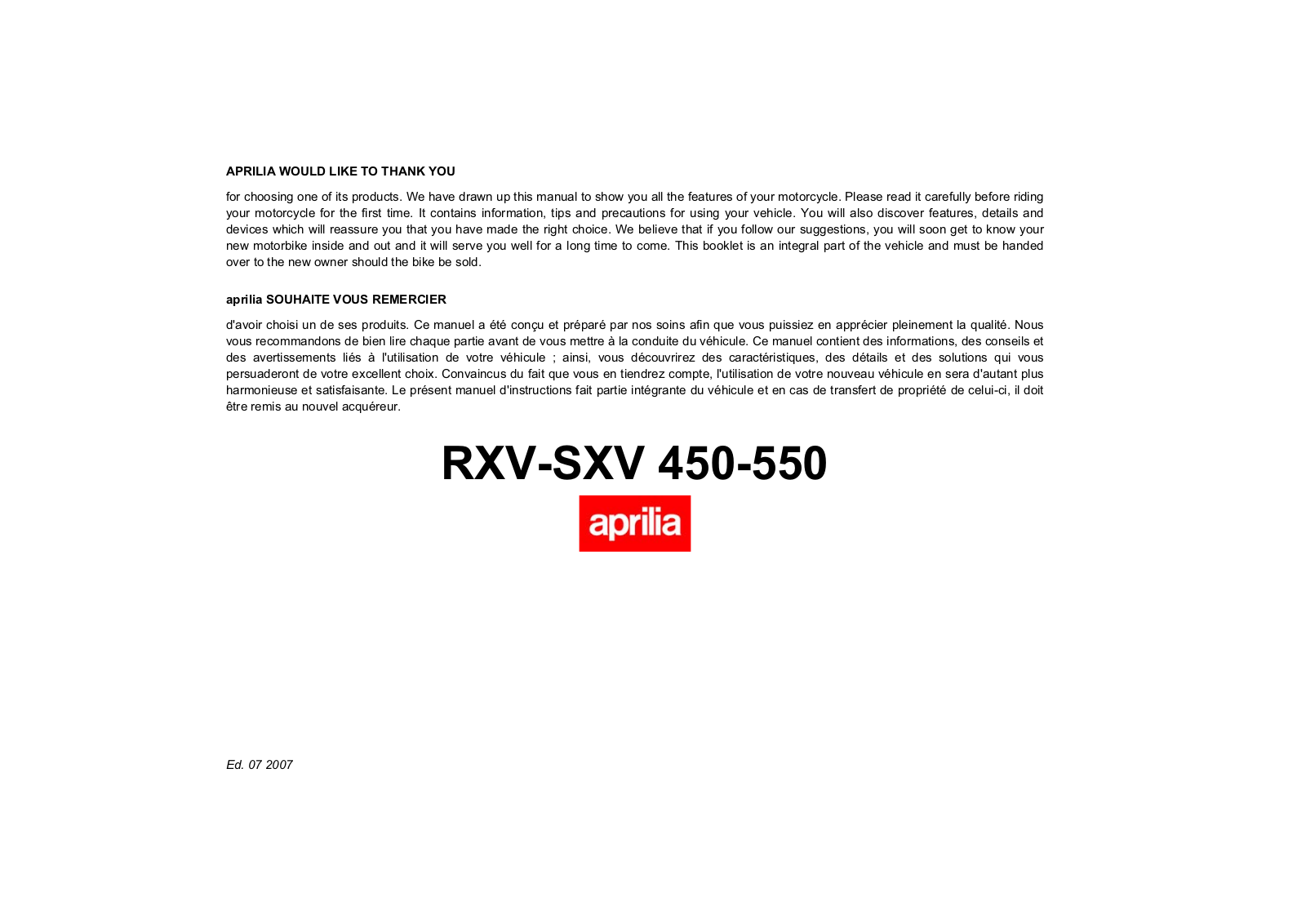 Aprilia SXV450, SXV 550, RXV 550, RXV 450 User Manual 07-2007