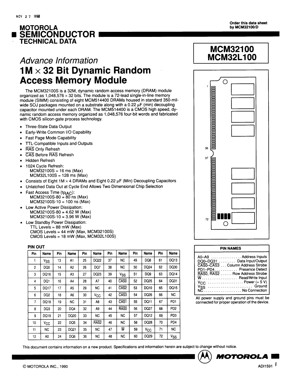 Motorola MCM32L100S10, MCM32100S80, MCM32100SG10, MCM32100SG80, MCM32L100SG10 Datasheet