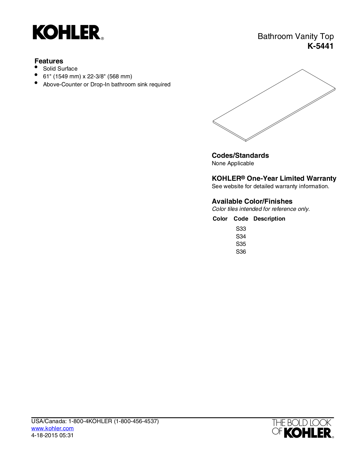 Kohler KOH20601 Specifications - ManualMachine.com