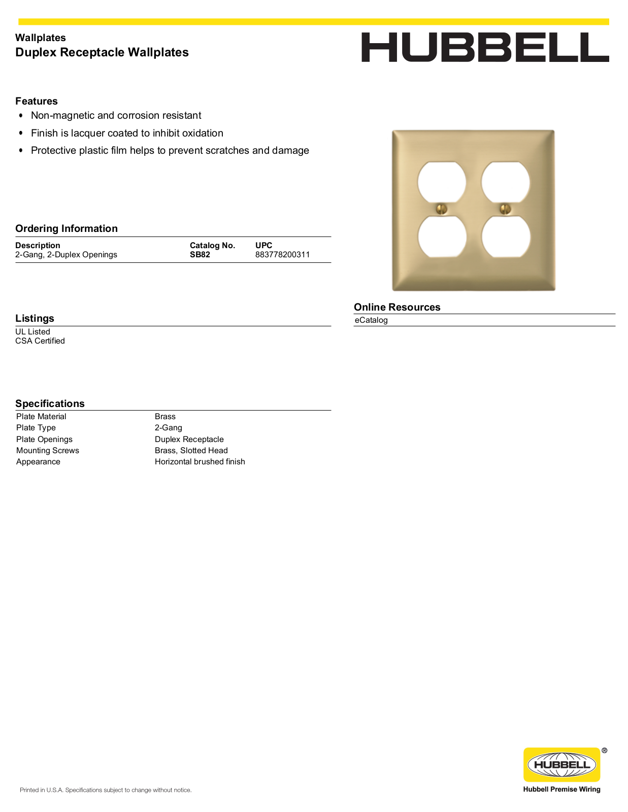 Hubbell SB82 Specifications