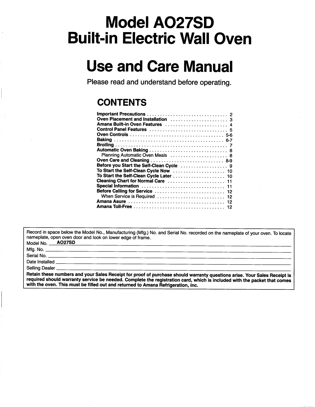 Amana AO27SD Owner's Manual