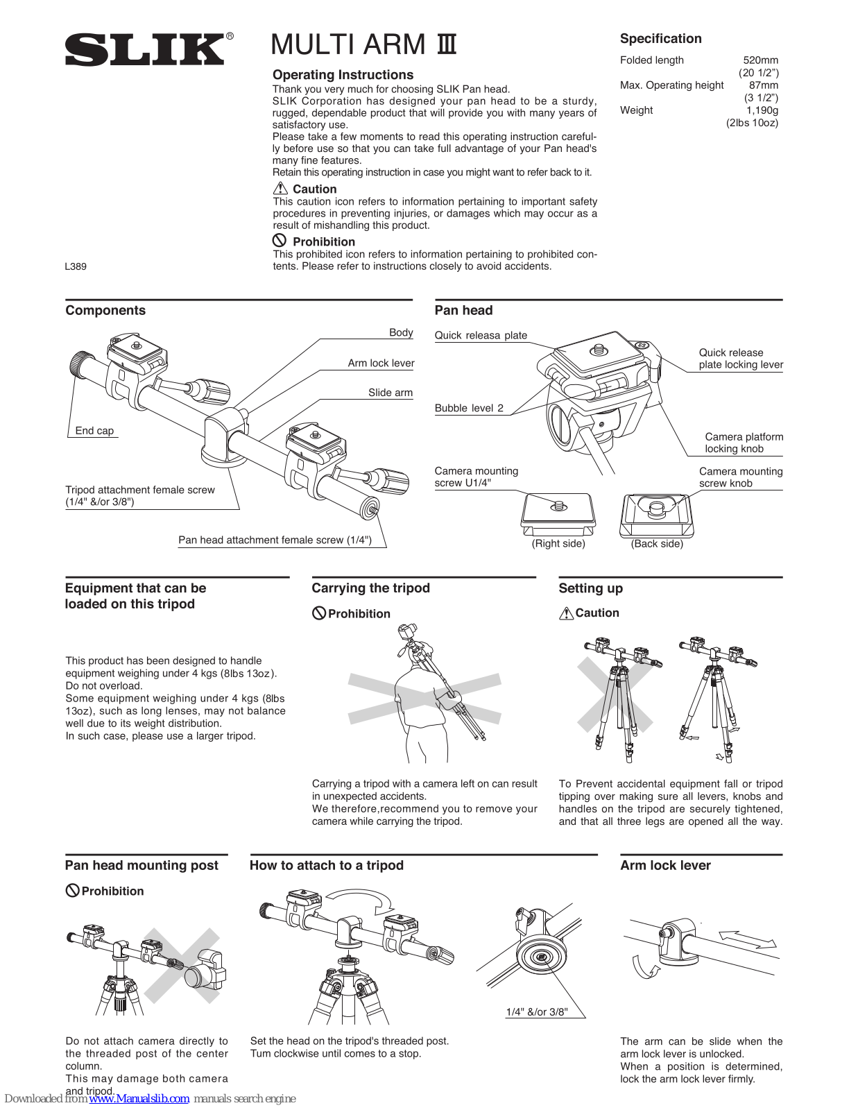 SLIK Multi Arm III Operating Instructions Manual - ManualMachine.com