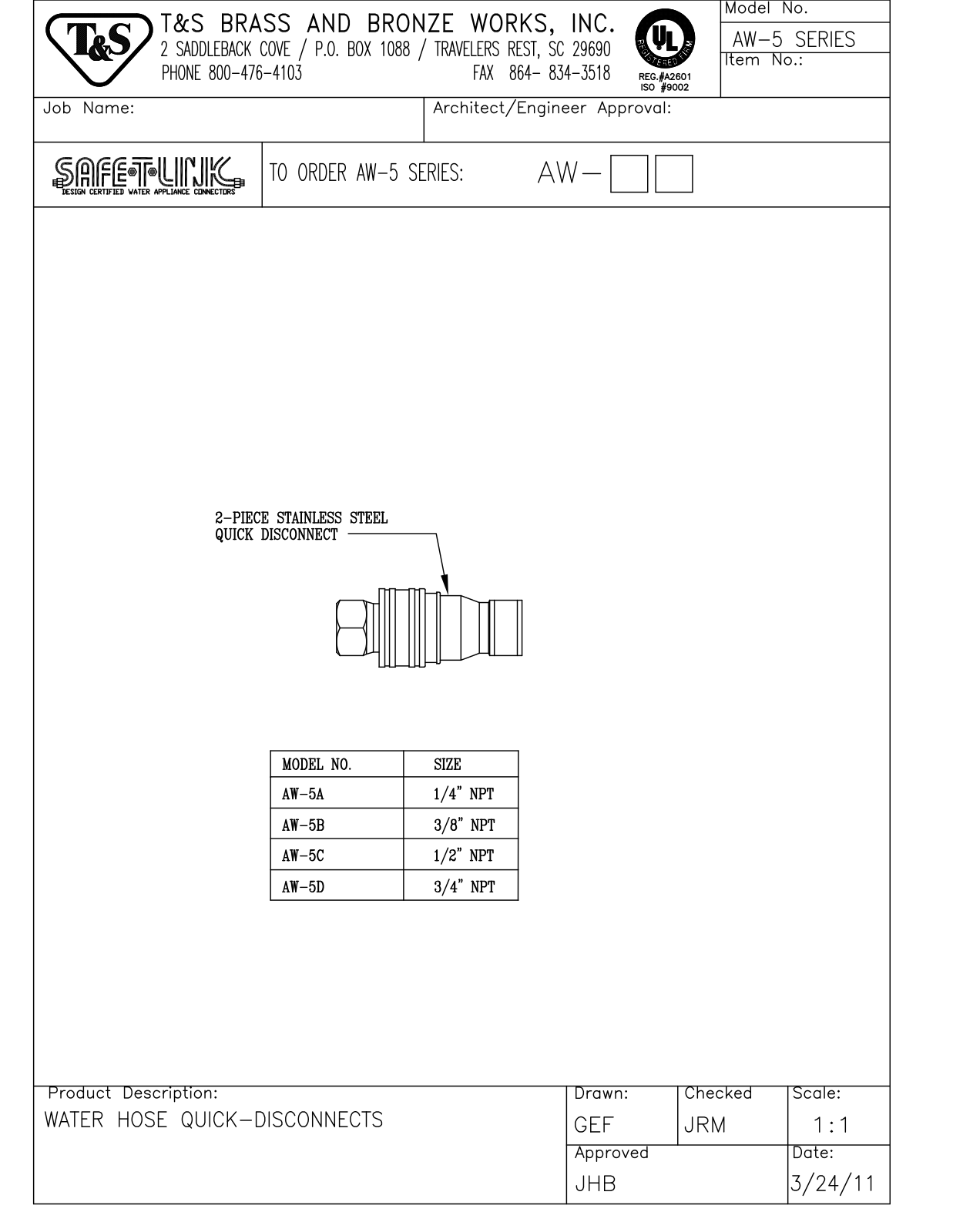 T&S Brass AW-5A User Manual