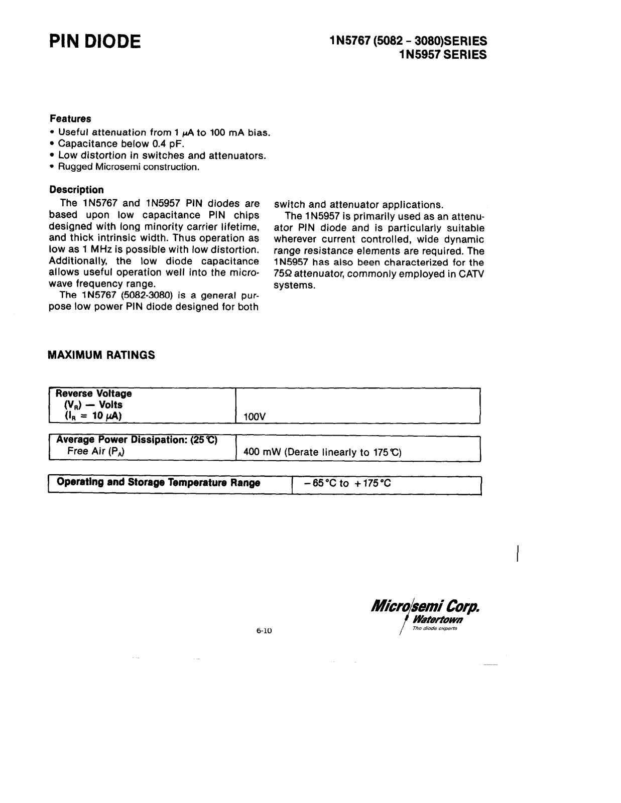 Microsemi Corporation 1N5957, 1N5767 Datasheet