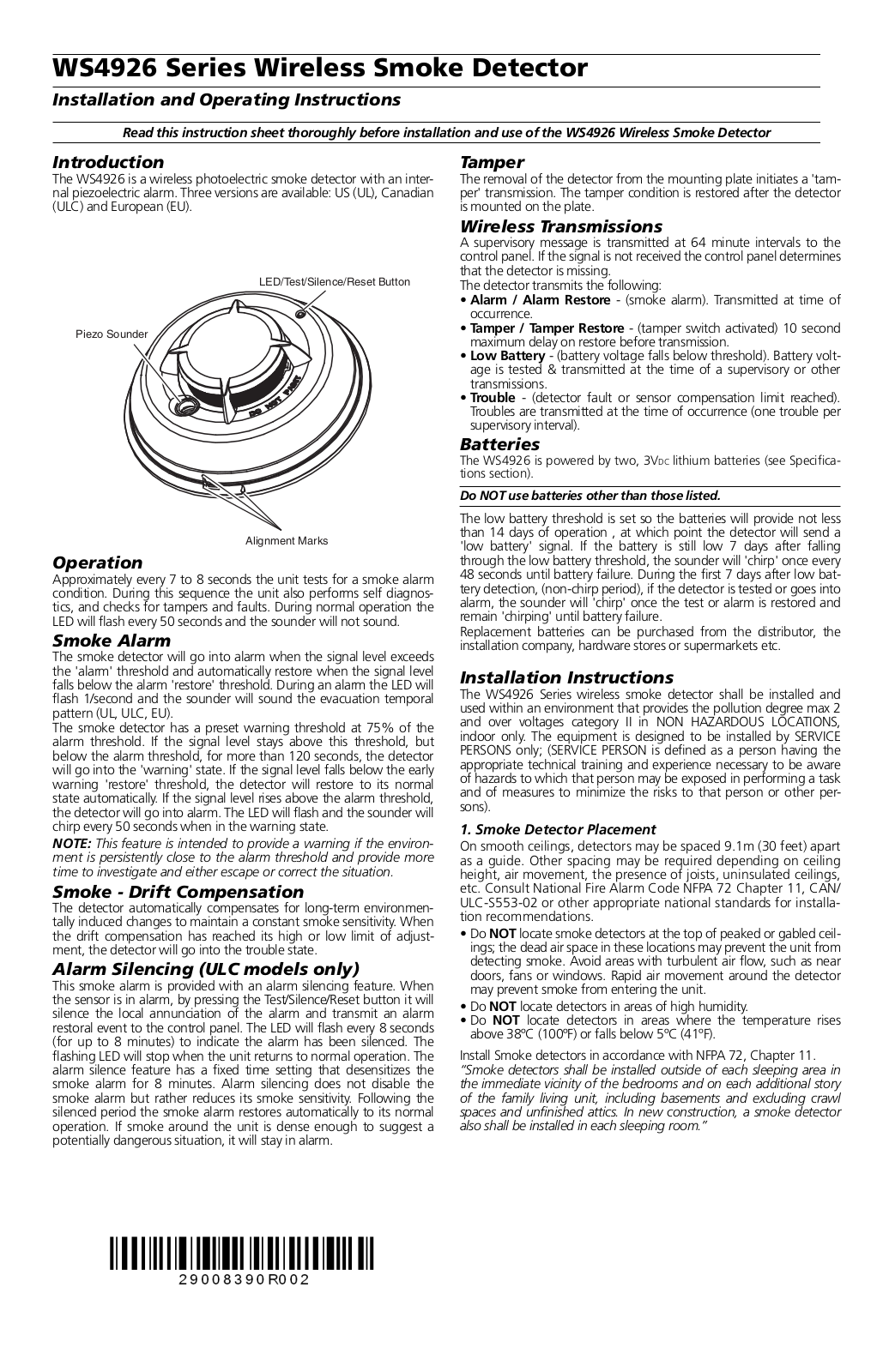 DSC WS4926 Series Installation And Operating Instructions Manual