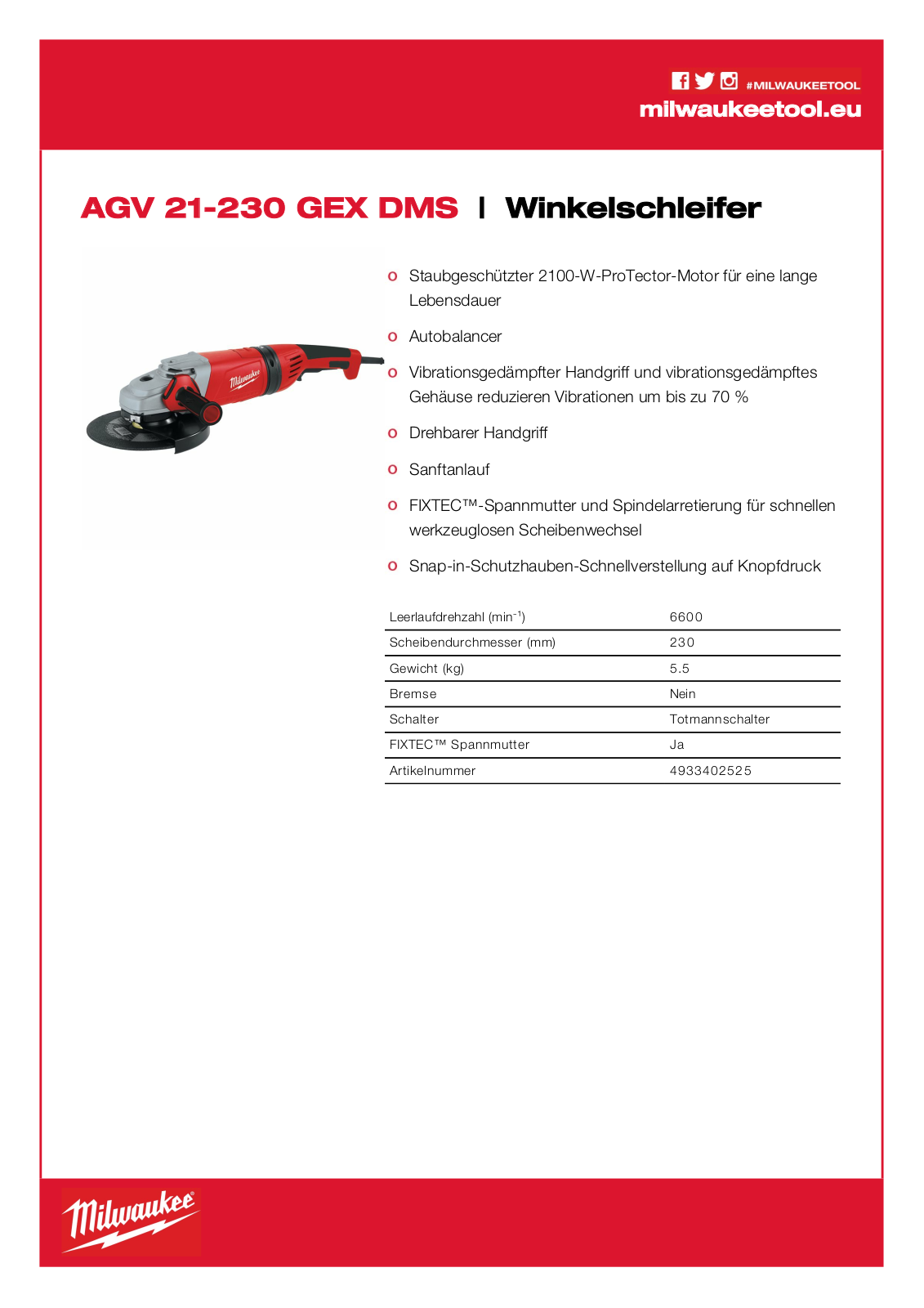 Milwaukee AGV 21-230 GEX DMS Technical data