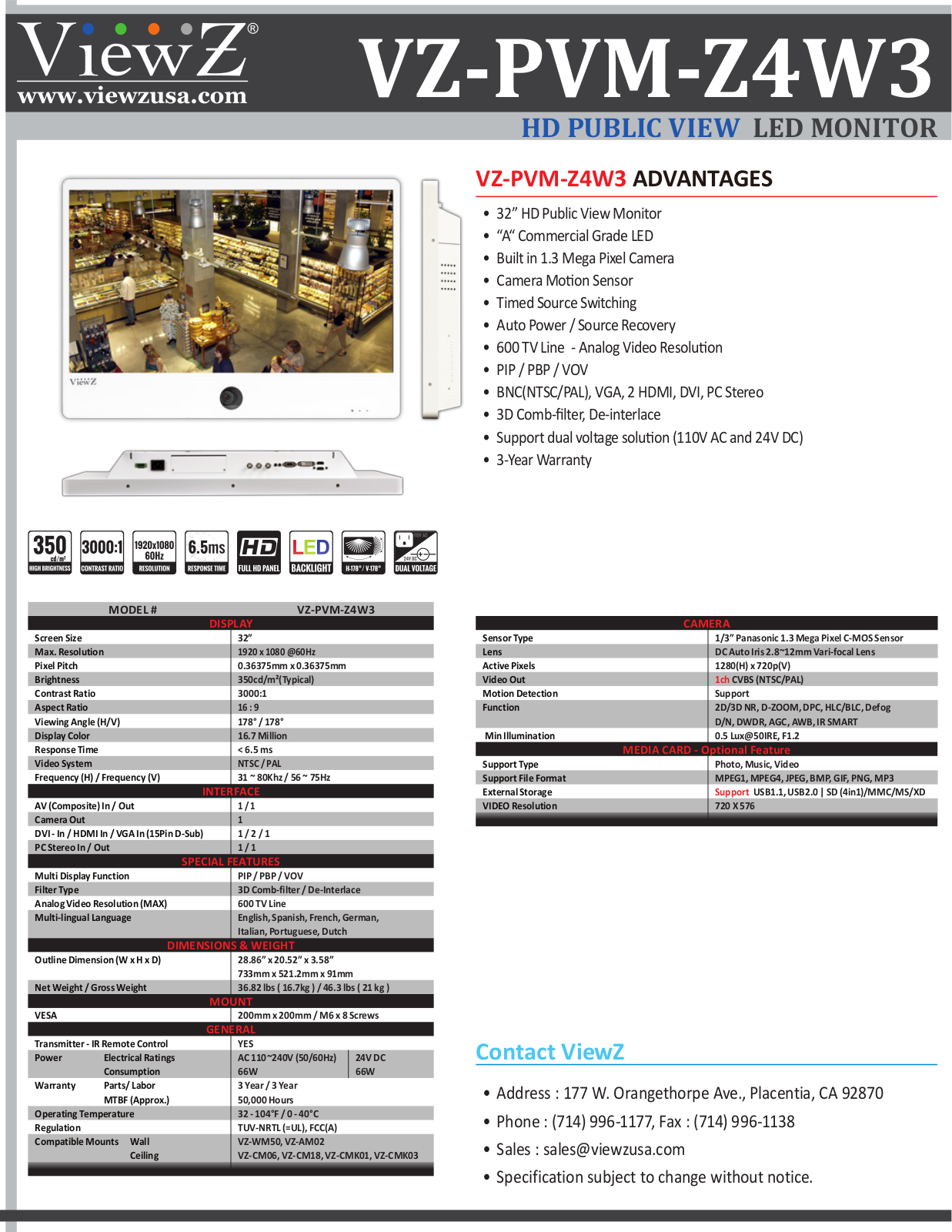 ViewZ VZ-PVM-Z4B3, VZ-PVM-Z4W3 Specsheet