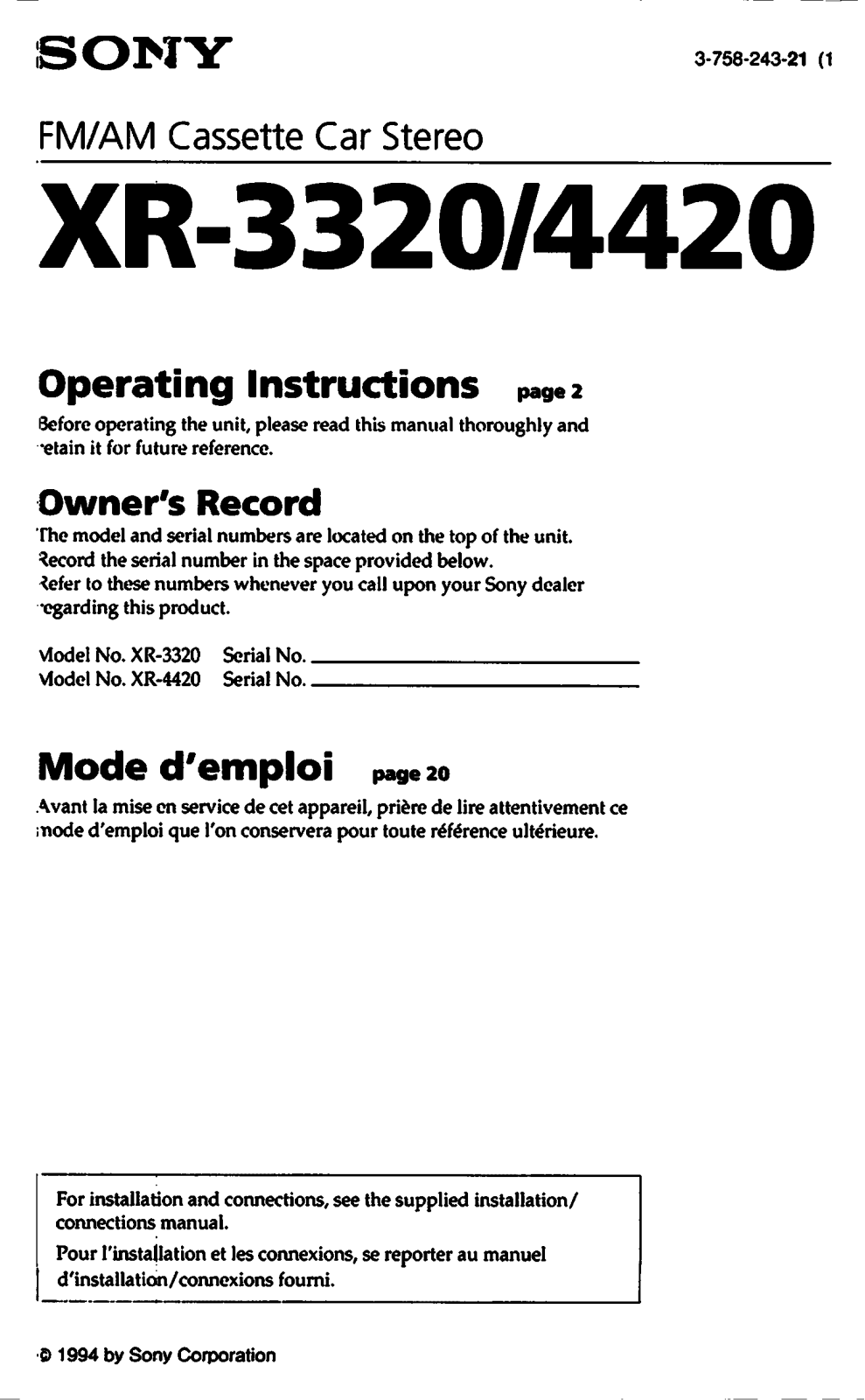 Sony XR-3320 User Manual