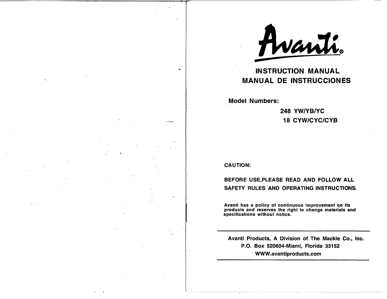 Avanti 248YW User Manual