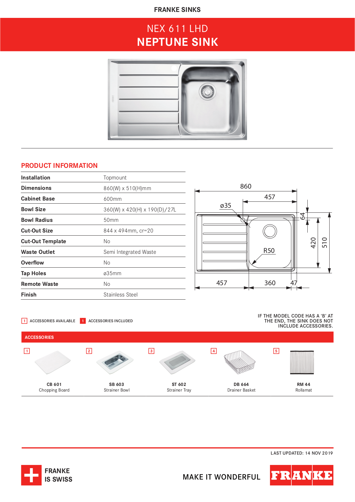 Franke NEX611LHD Specifications Sheet