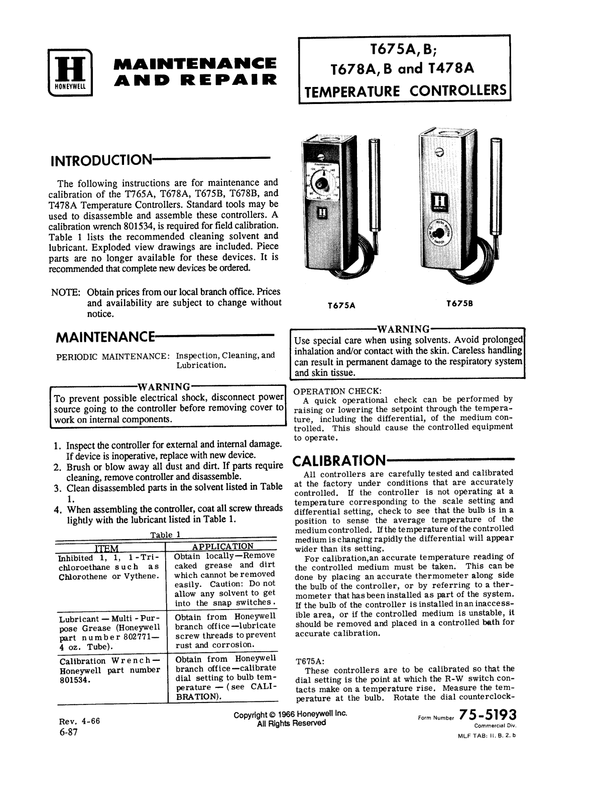 Honeywell T675A, T675B, T678A, T678B, T478A Reference Manual