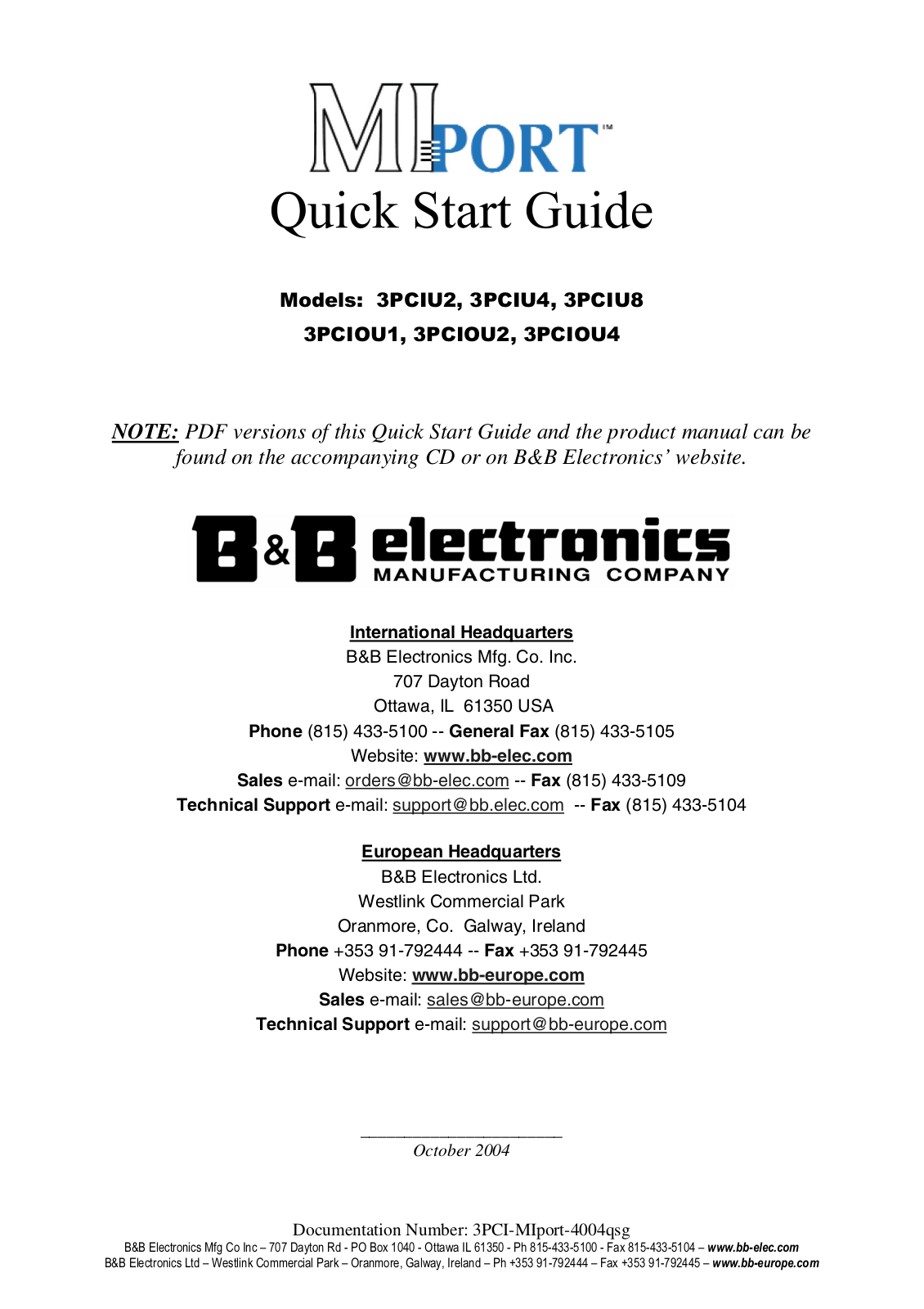 B&B Electronics 3PCIOU1, 3PCIOU4, 3PCIOU2, 3PCIU2, 3PCIU8 User Manual