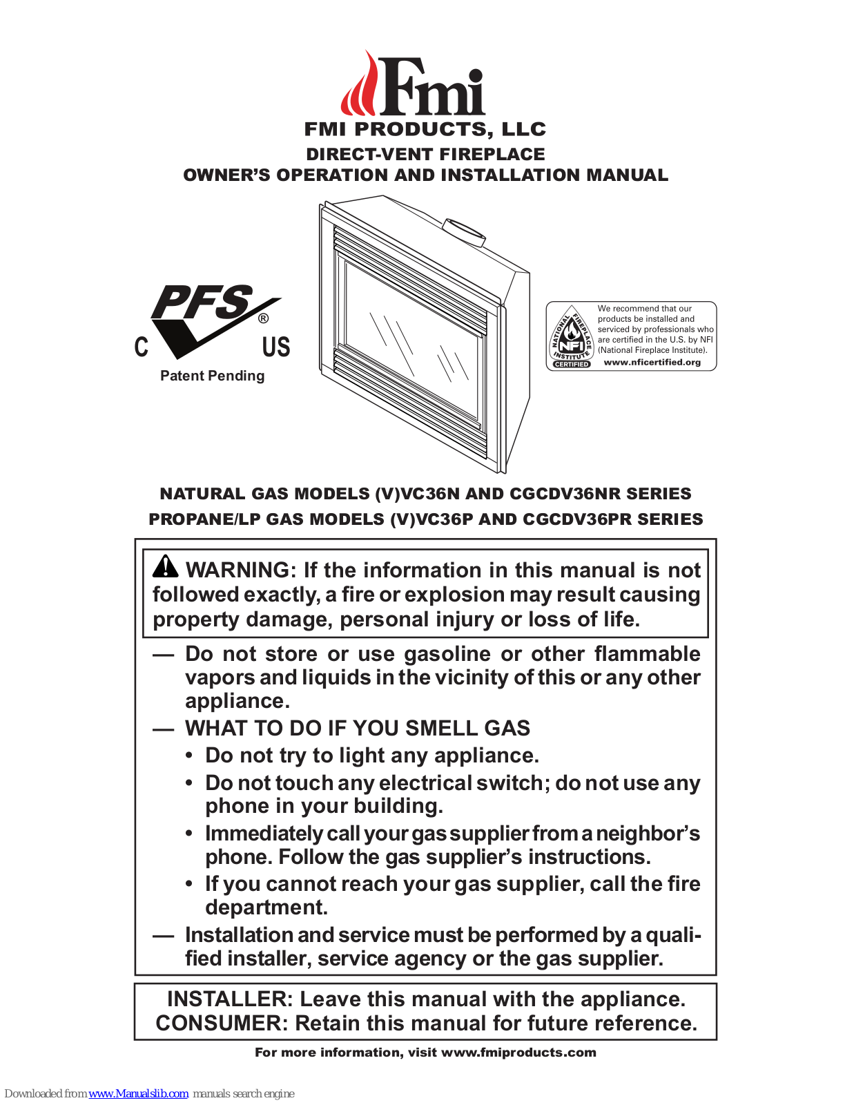 FMI VC36N Series, VVC36N Series, VVC36P Series, CGCDV36NR Series, CGCDV36PR Series Owner's Operation & Installation Manual