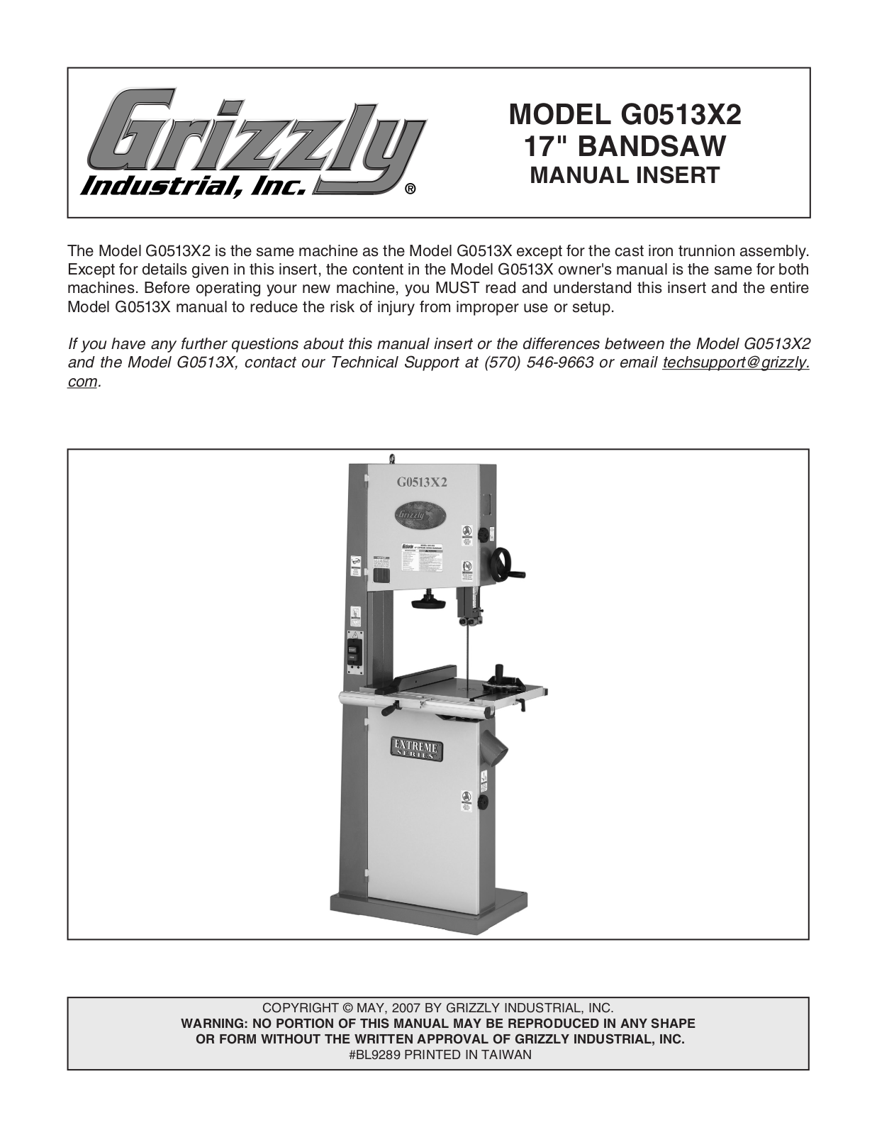 Grizzly G0513X2 User Manual