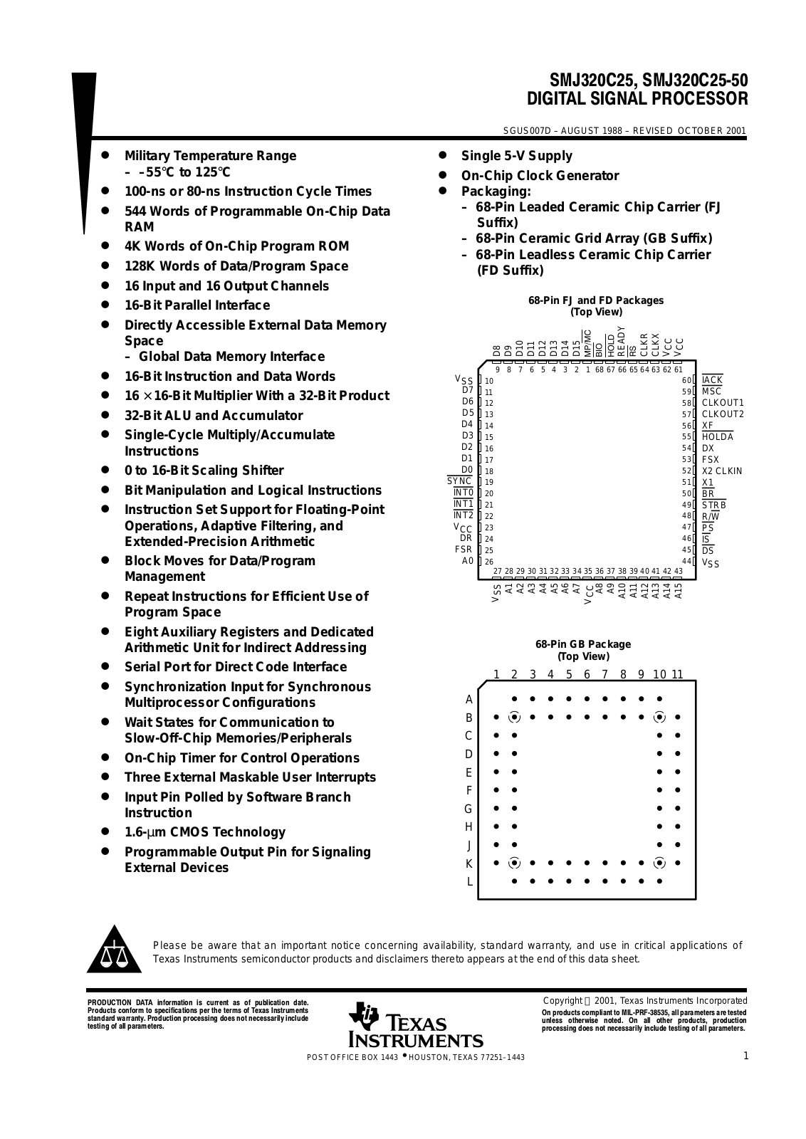 Texas Instruments SMJ320C25-50FJ, SMJ320C25-50GB, SMJ320C25-GB, SMJ320C25FJ, SMJ320C25-50FD Datasheet