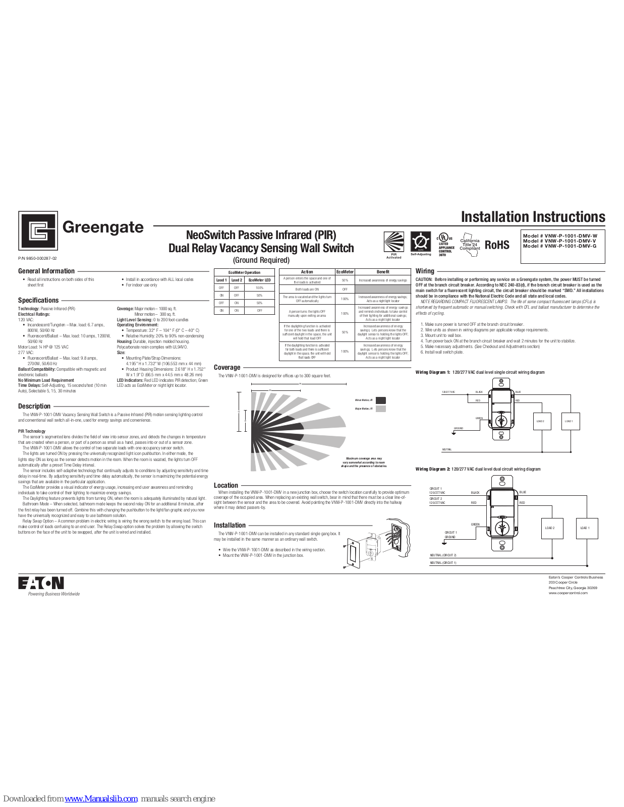 Greengate VNW-P-1001-DMV-W, VNW-P-1001-DMV-V, VNW-P-1001-DMV-G Installation Instructions And Owner's Manual