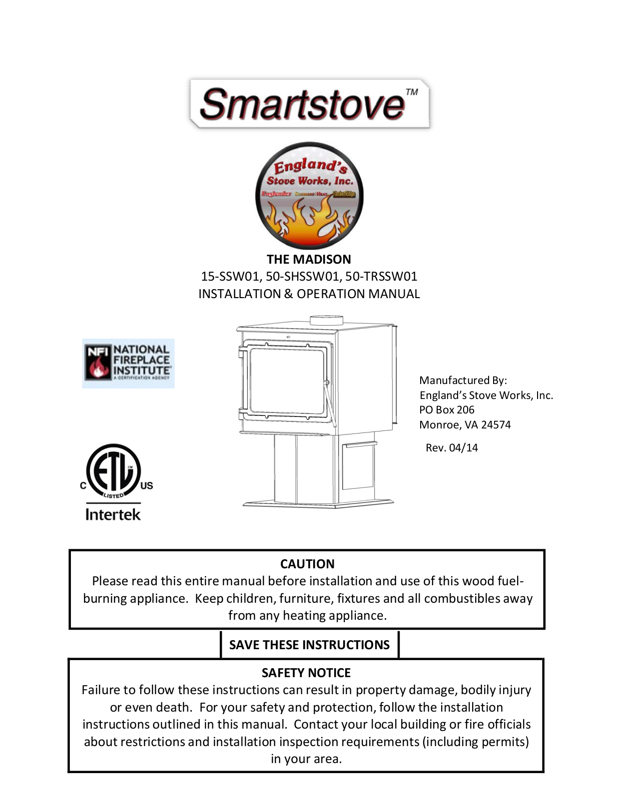 England's Stove Works 15-SSW01, 50-SHSSW01, 50-TRSSW01 Owner's Manual