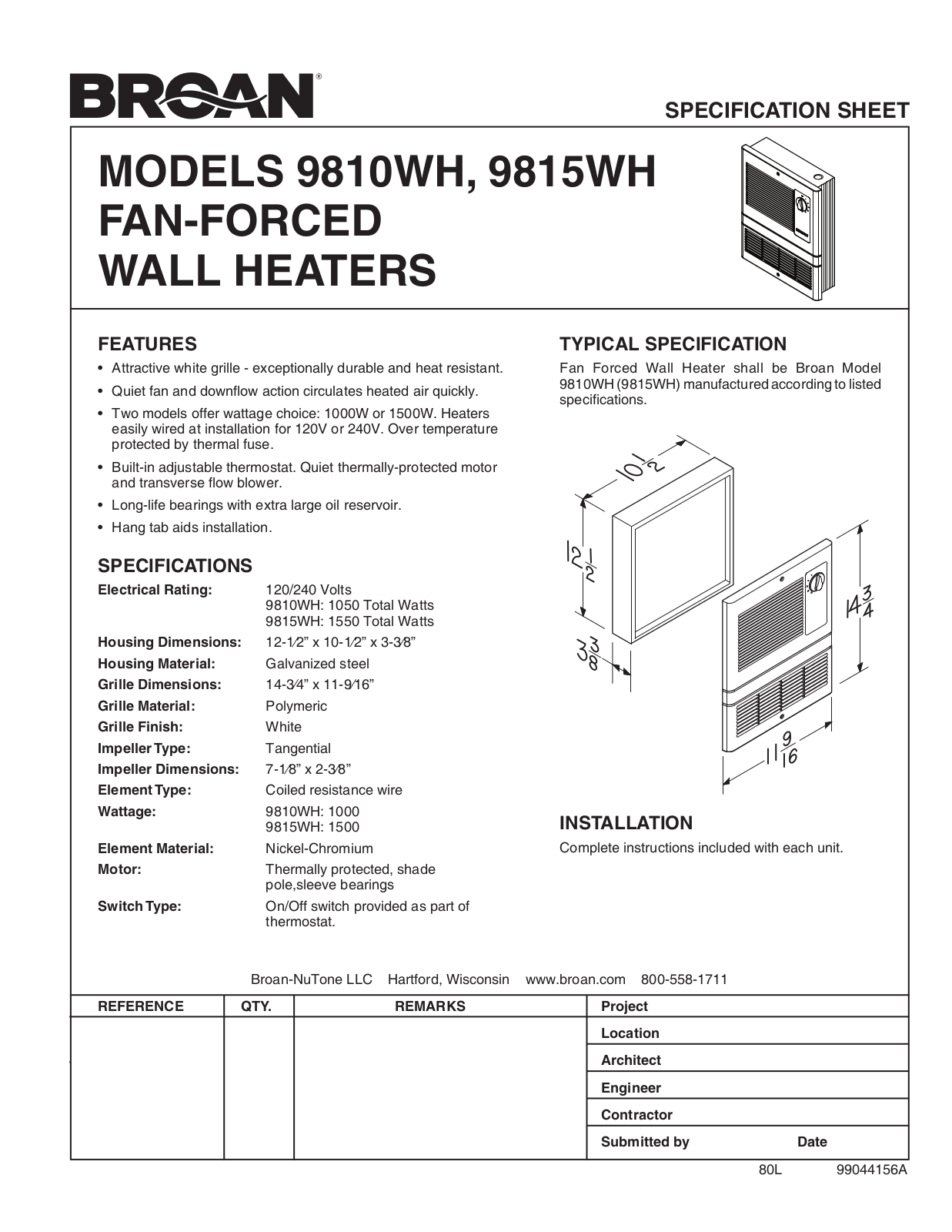 Broan 9815WH User Manual