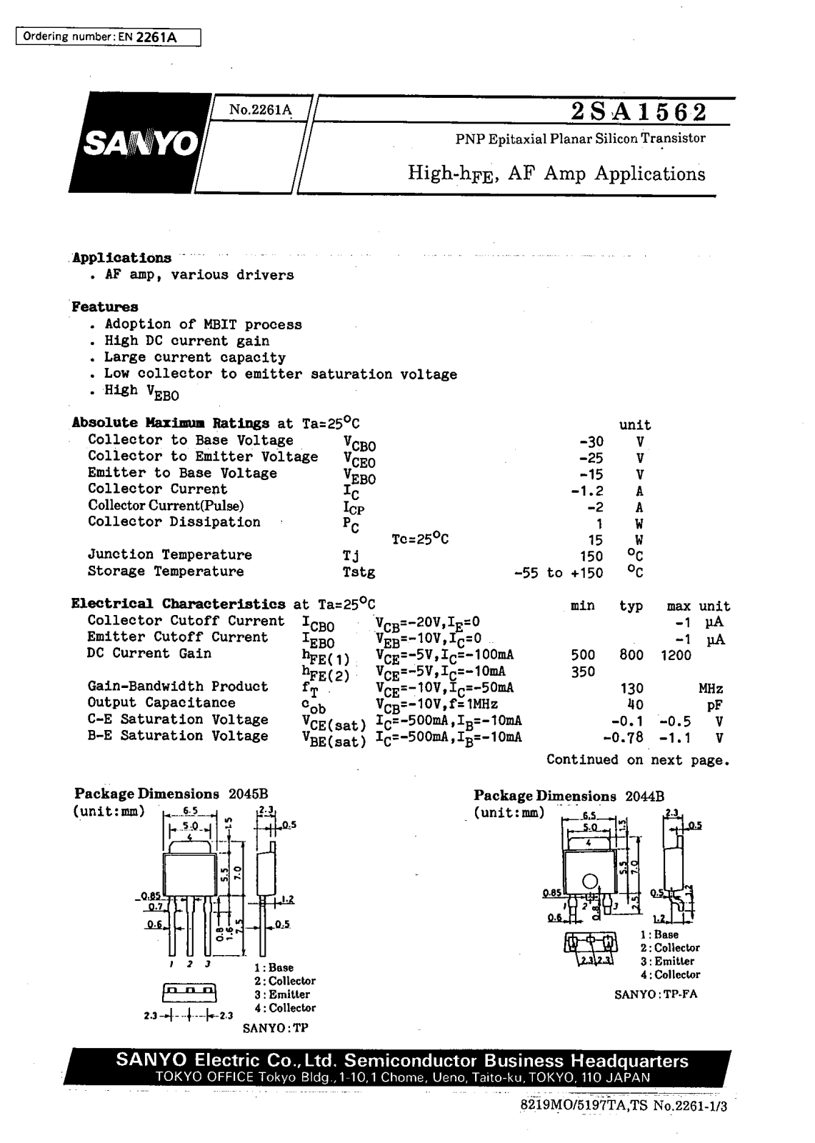 SANYO 2SA1562 Datasheet