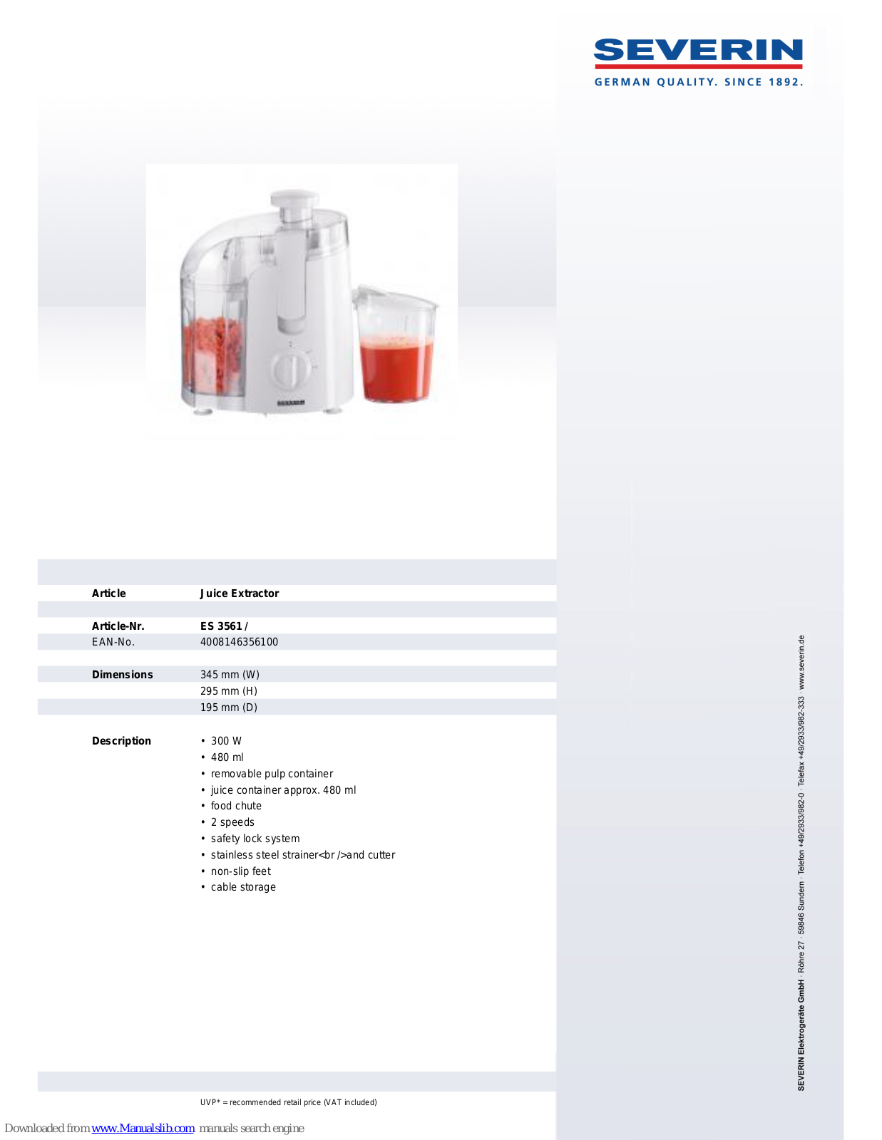 SEVERIN ENTSAFTER ES 3561, ES 3561 Dimensions