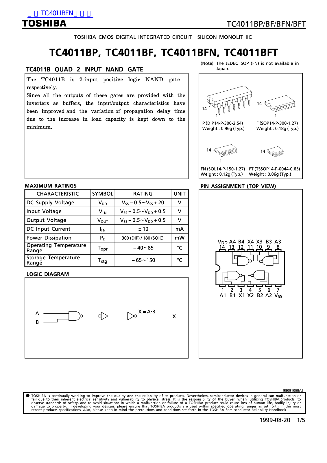 TOSHIBA TC4011BP, TC4011BF, TC4011BFN, TC4011BFT Technical data