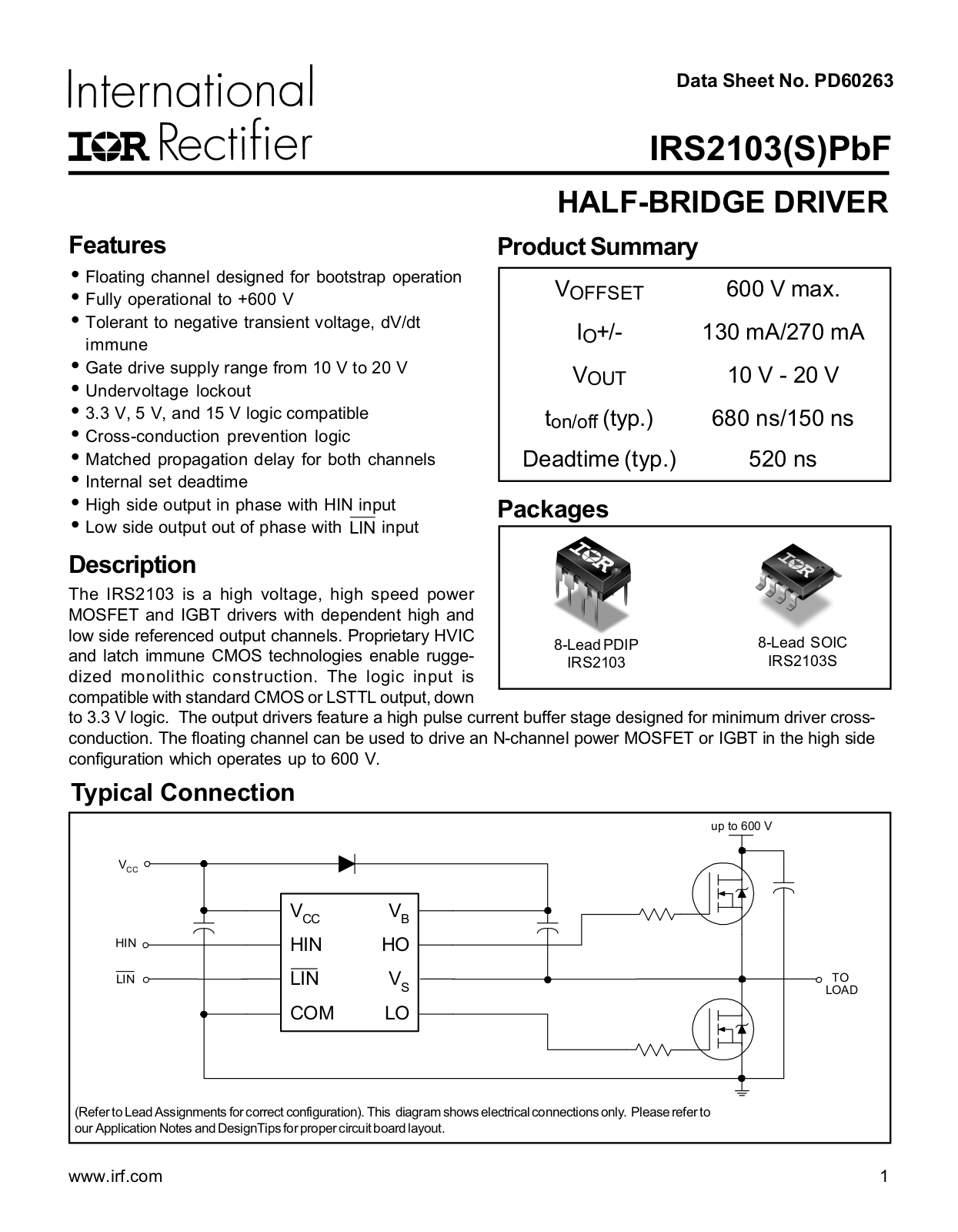 International Rrectifier IRS2103SPbF User Manual