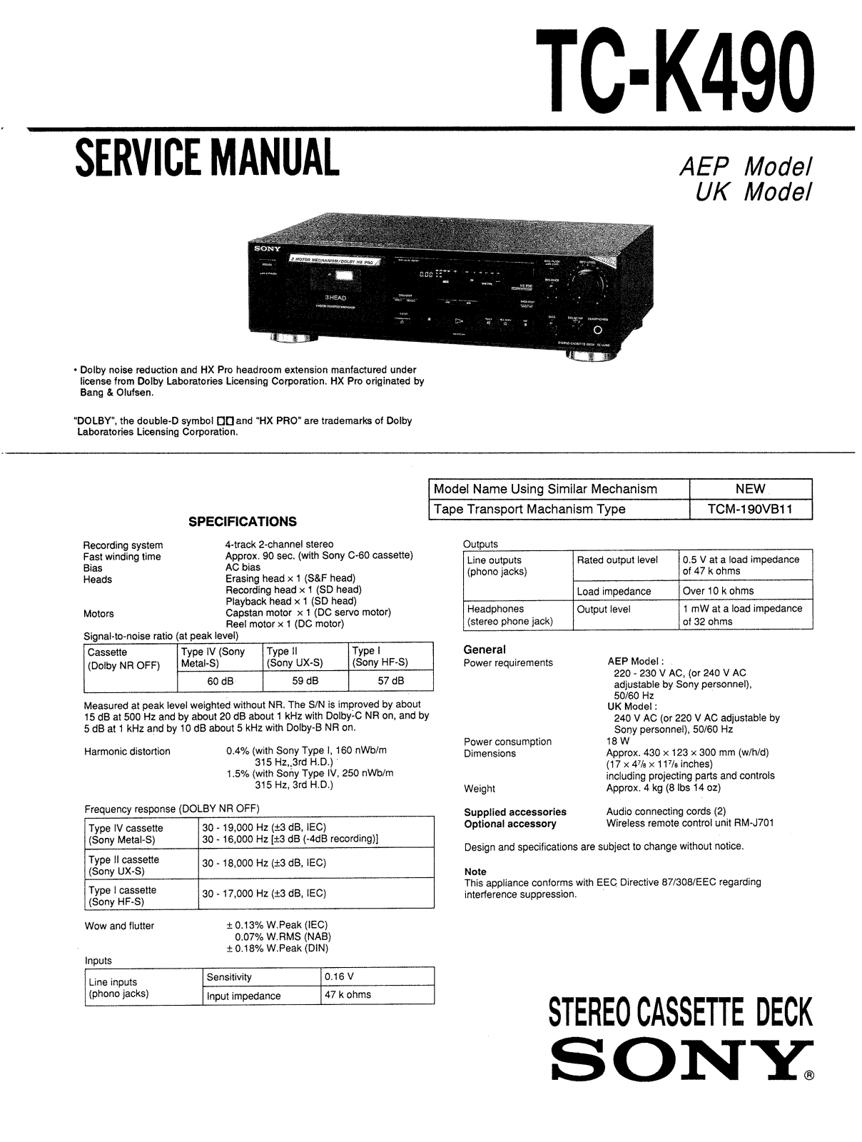 Sony TCK-490 Service manual