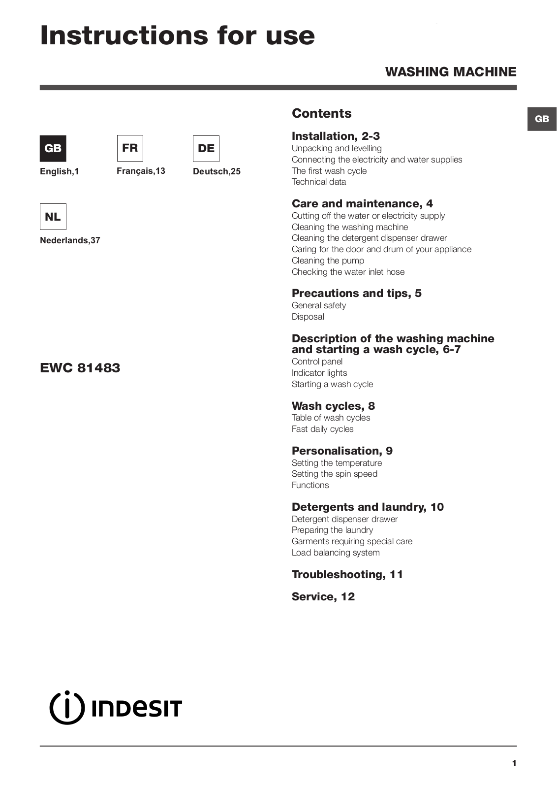 INDESIT EWC 81483 W EU User Manual