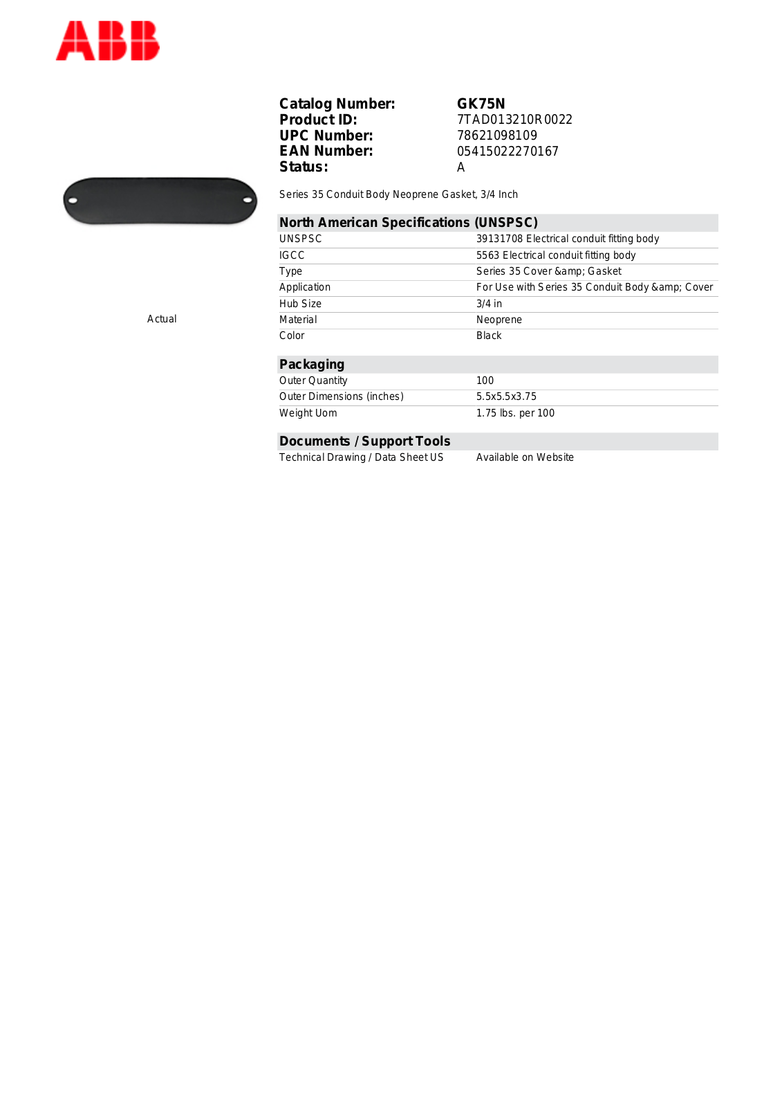 Thomas & Betts GK75N Data Sheet