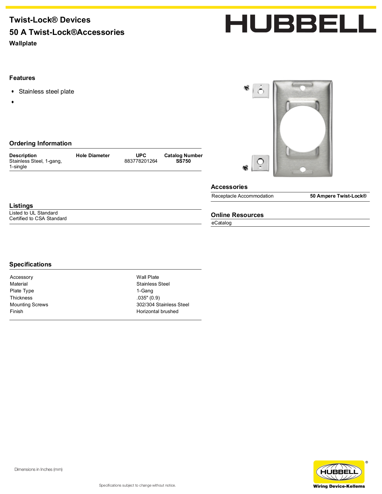 Hubbell SS750 Specifications